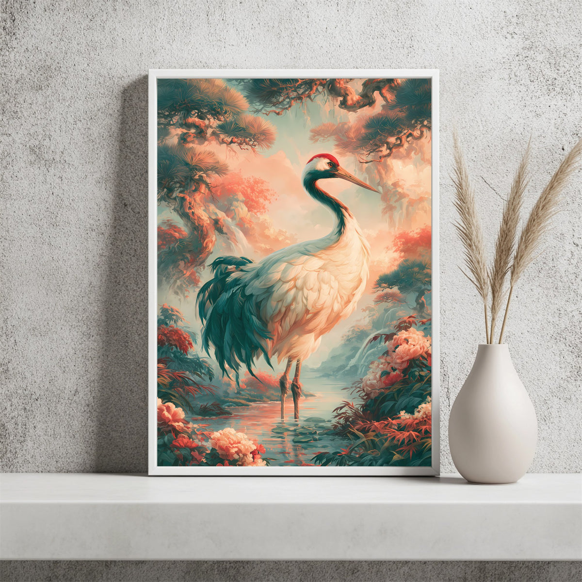 Kranich am Blütenteich Poster – Raumansicht 2