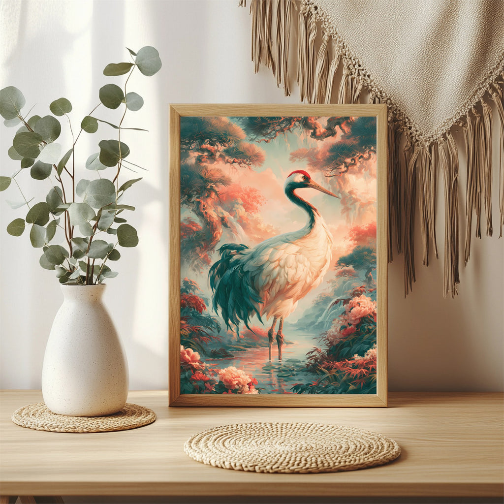 Kranich am Blütenteich Poster – Raumansicht 3