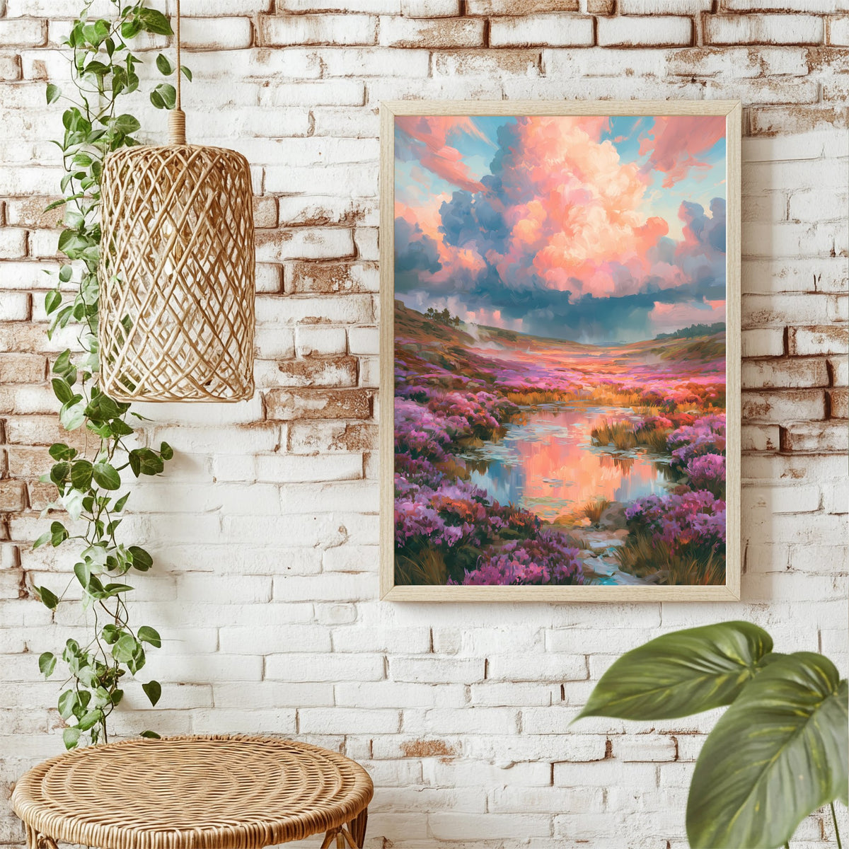 Blumenwiese unter rosa Wolken Poster – Raumansicht 1