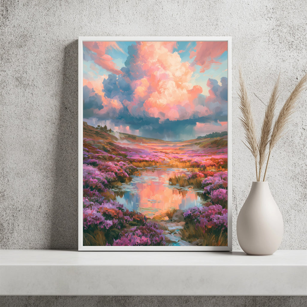 Blumenwiese unter rosa Wolken Poster – Raumansicht 2