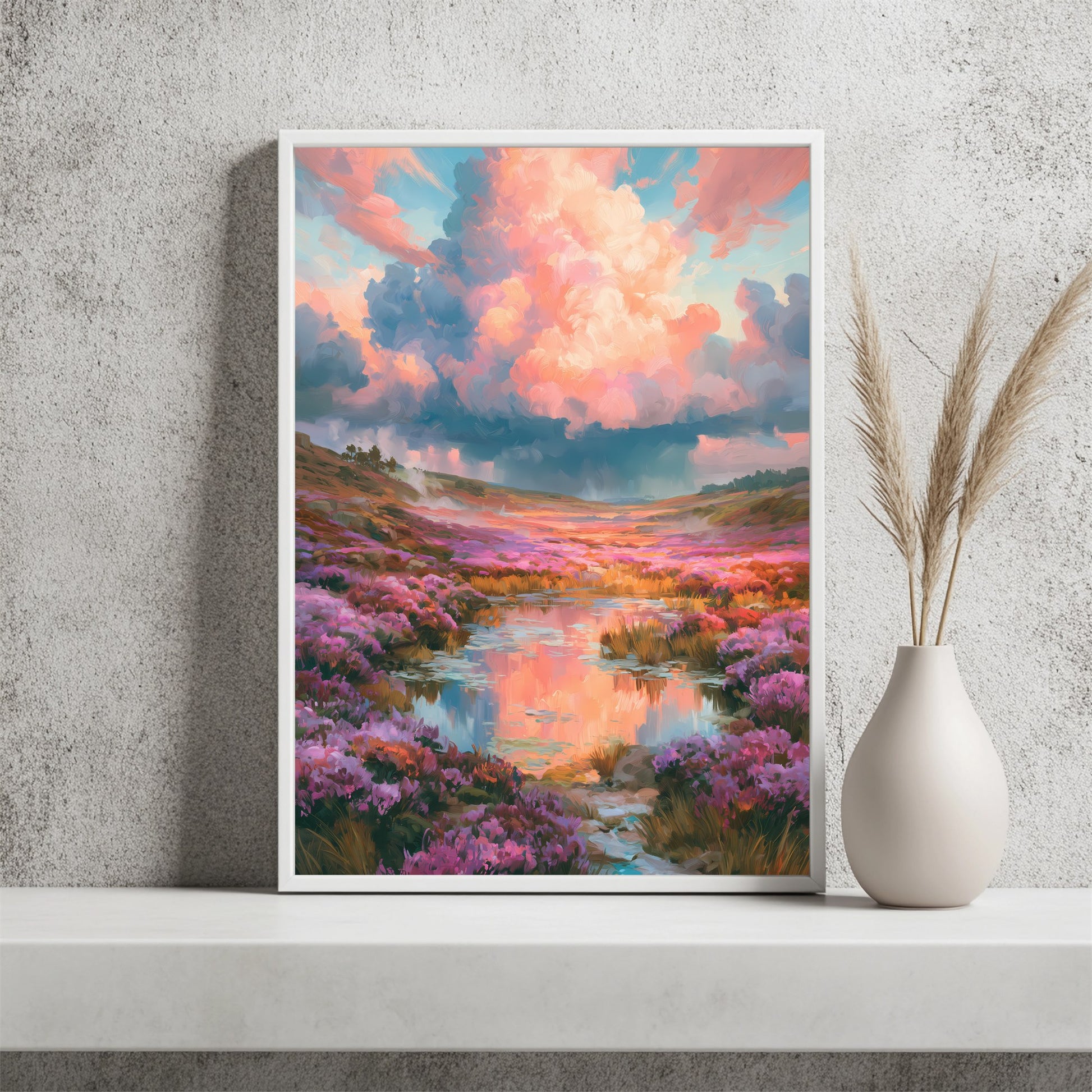 Blumenwiese unter rosa Wolken Poster – Raumansicht 2