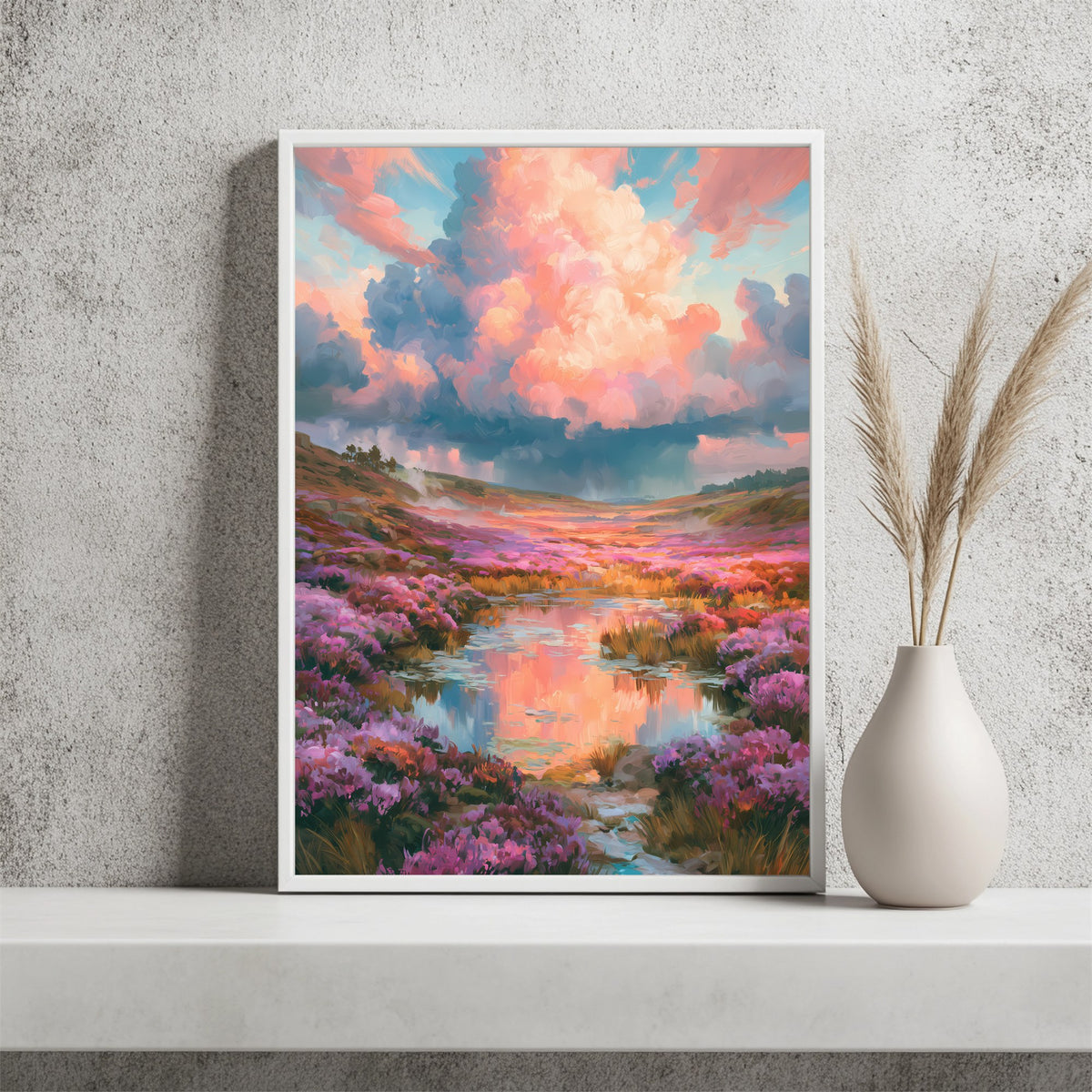 Blumenwiese unter rosa Wolken Poster – Raumansicht 2