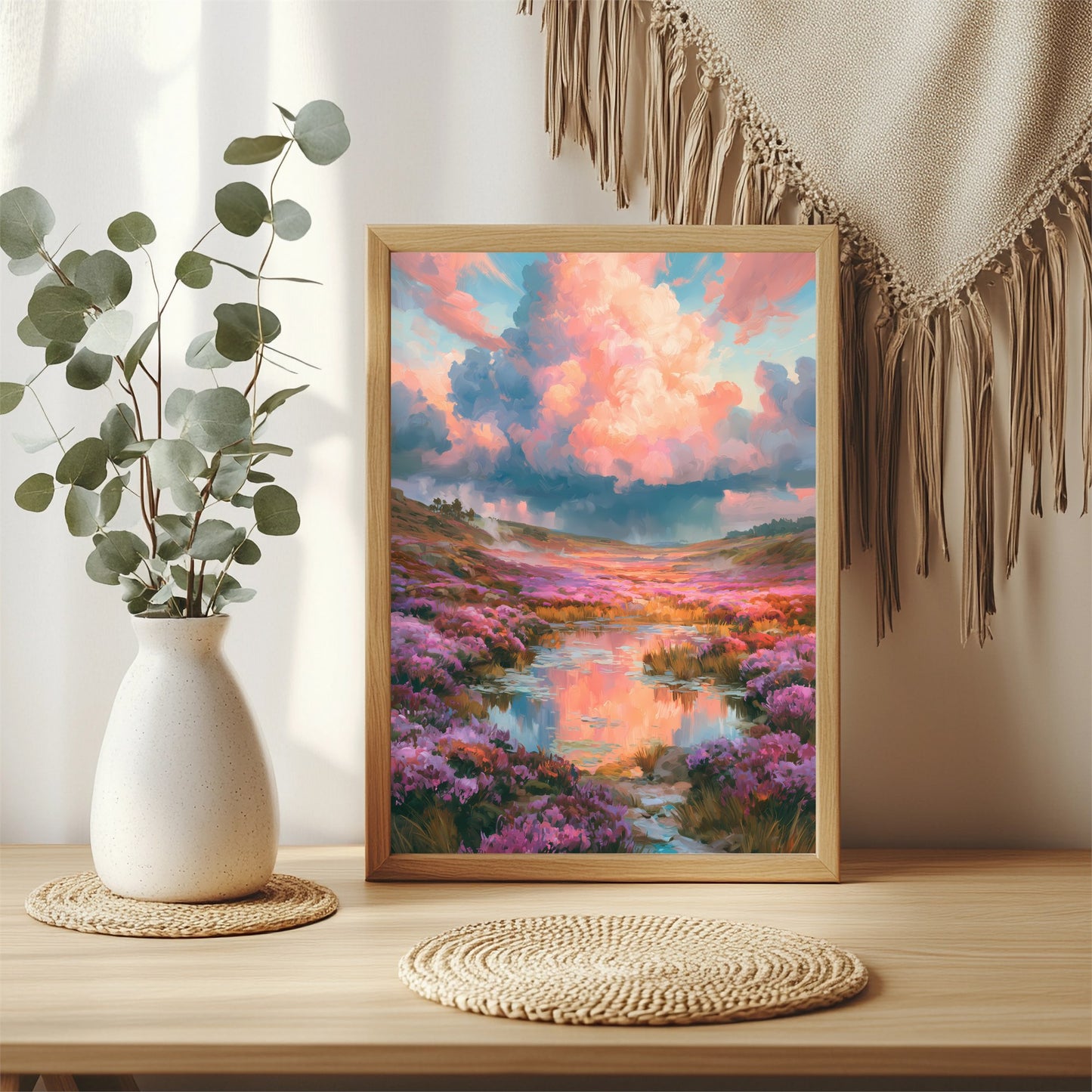 Blumenwiese unter rosa Wolken Poster – Raumansicht 3