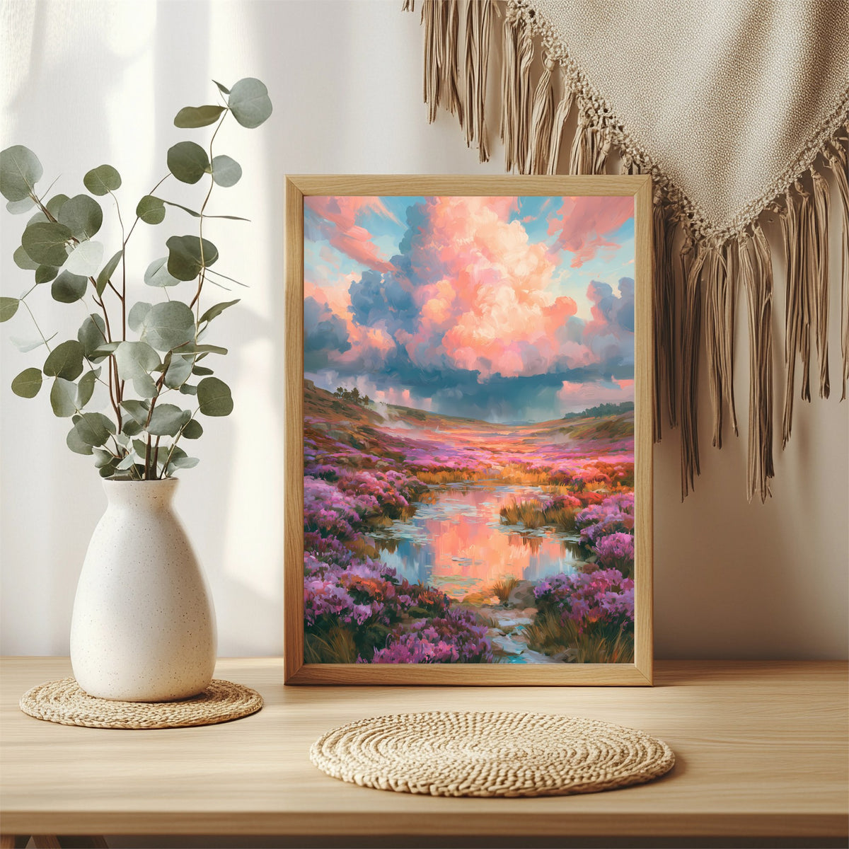 Blumenwiese unter rosa Wolken Poster – Raumansicht 3