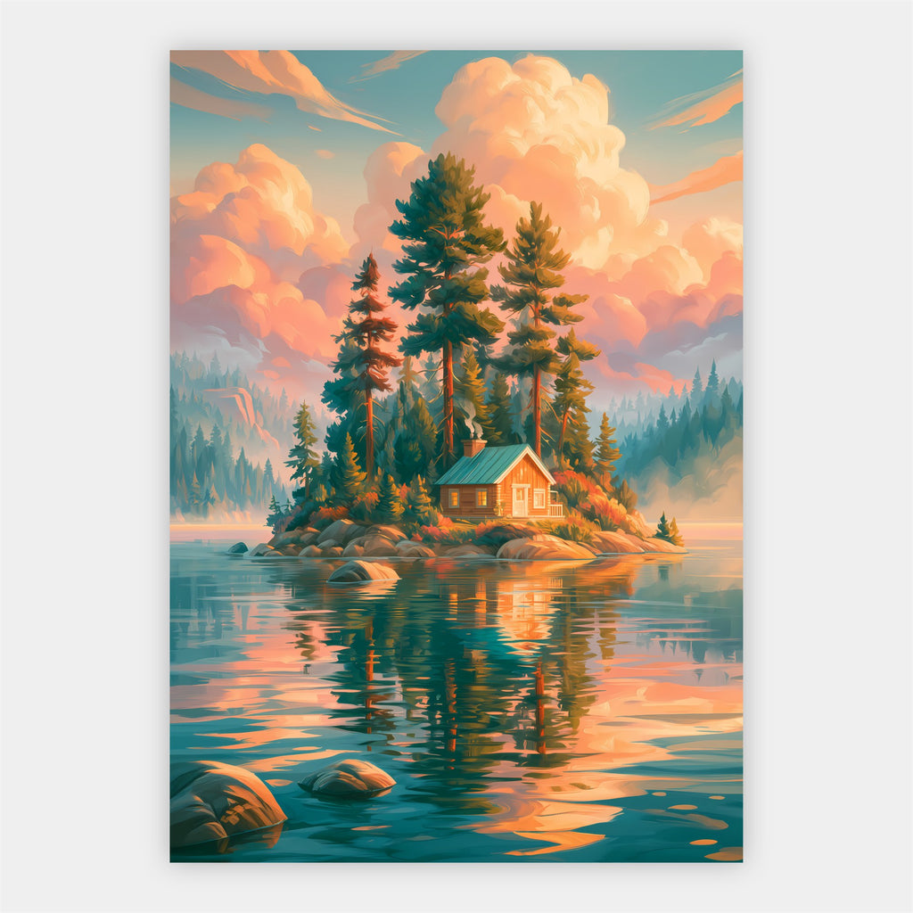 Hütte auf der Waldinsel Poster – Freisteller