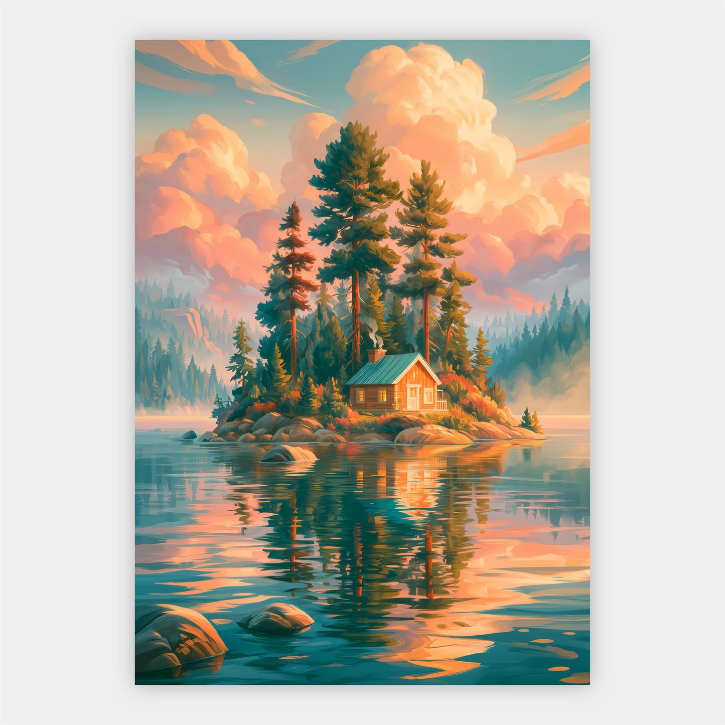 Hütte auf der Waldinsel Poster – Freisteller