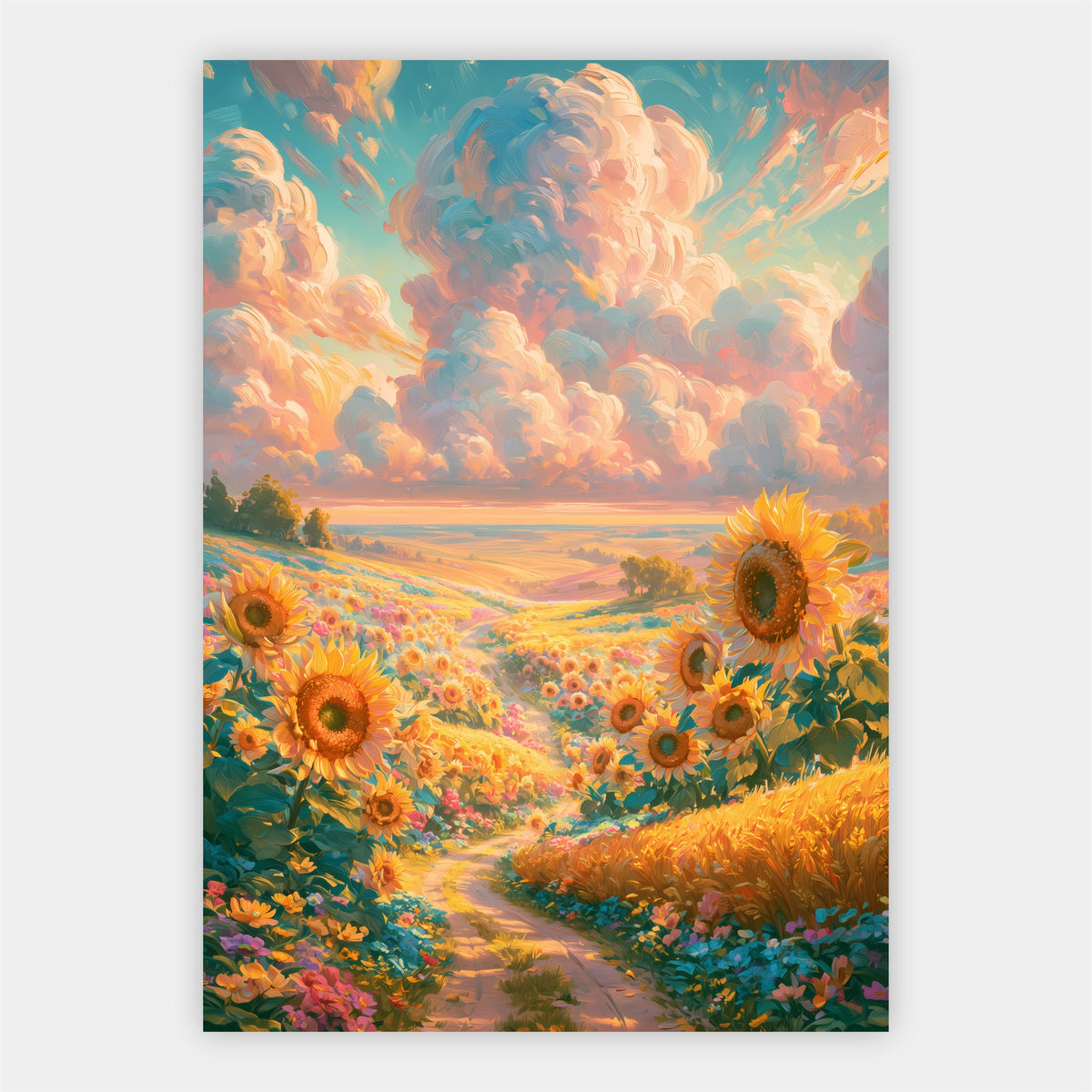 Weg durch Sonnenblumen Poster – Freisteller