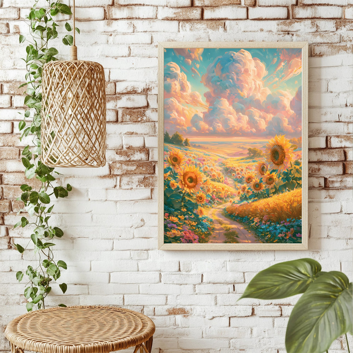 Weg durch Sonnenblumen Poster – Raumansicht 1