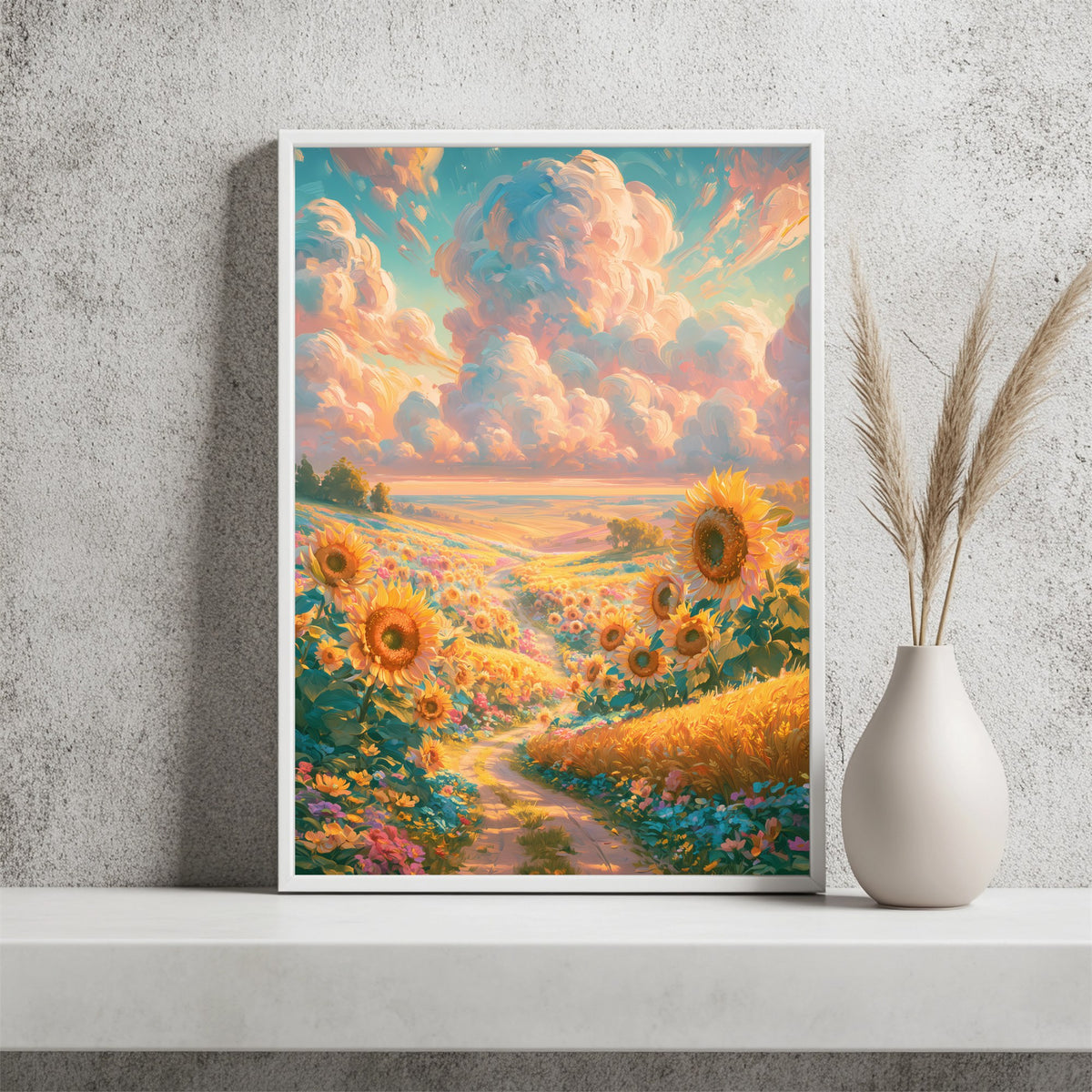 Weg durch Sonnenblumen Poster – Raumansicht 2