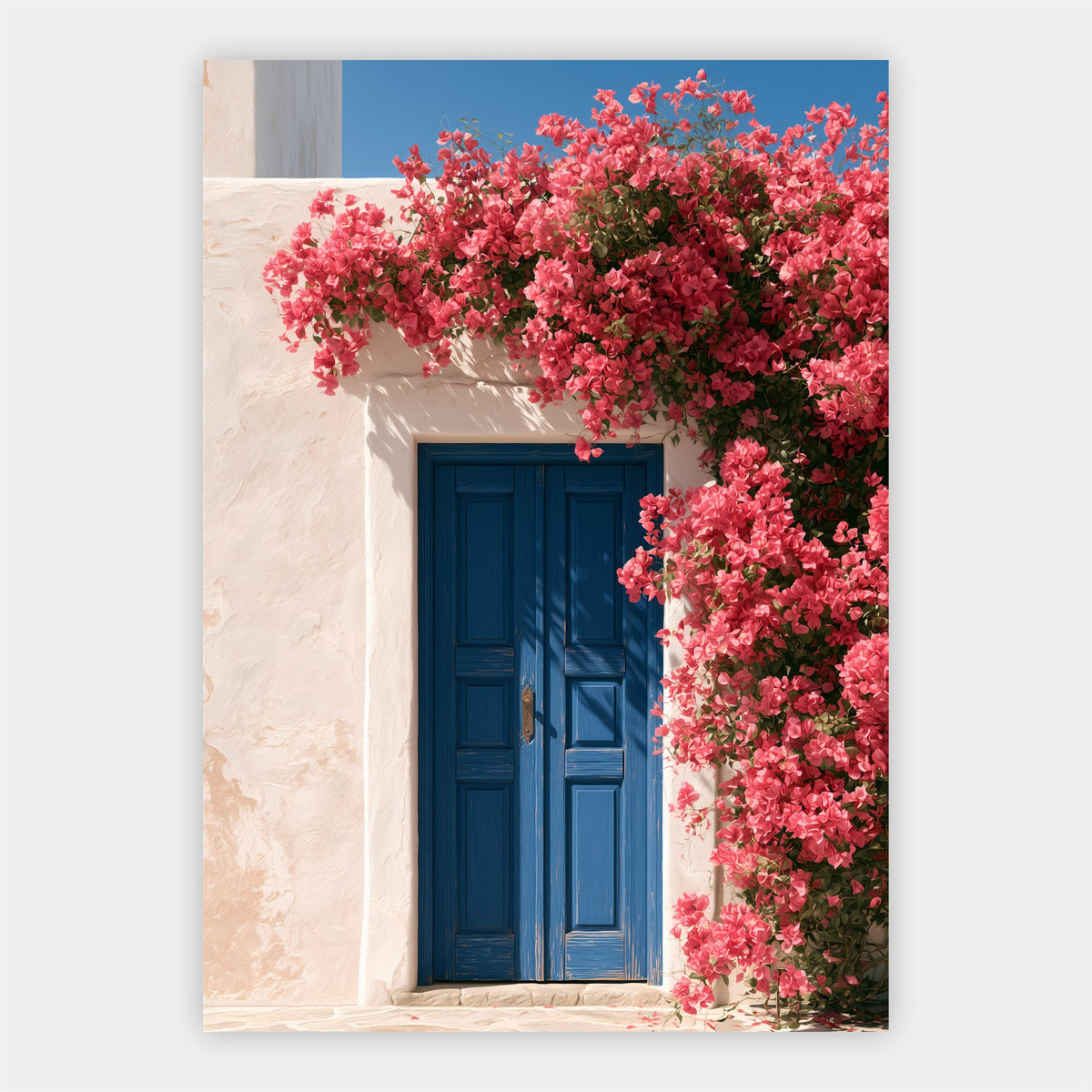 Blaue Tür mit Bougainvillea Poster – Freisteller