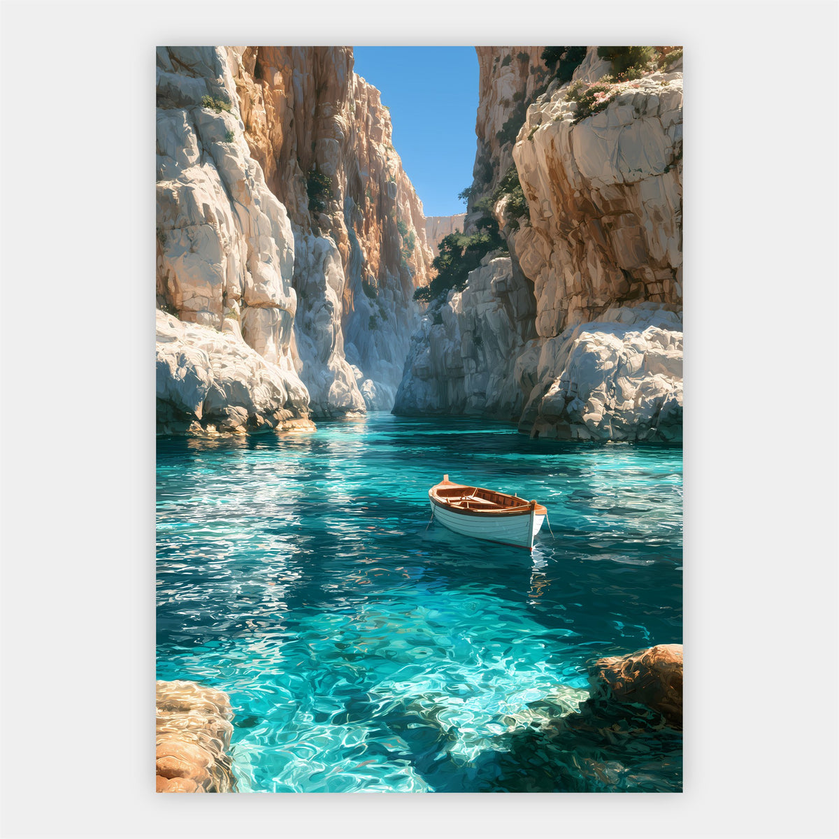 Bucht mit kleinem Boot Poster – Freisteller