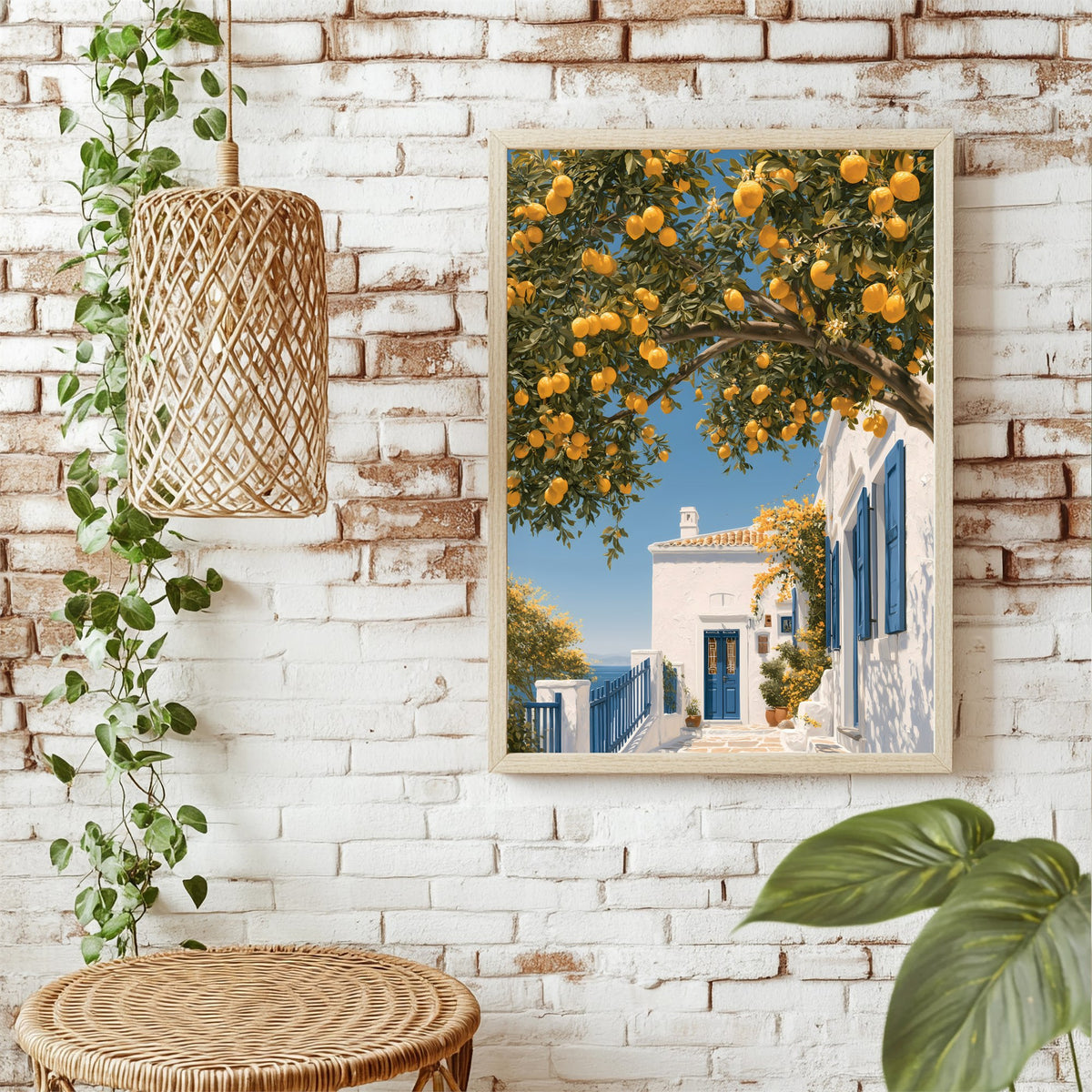 Zitronenbaum vor weißem Haus Poster – Raumansicht 1