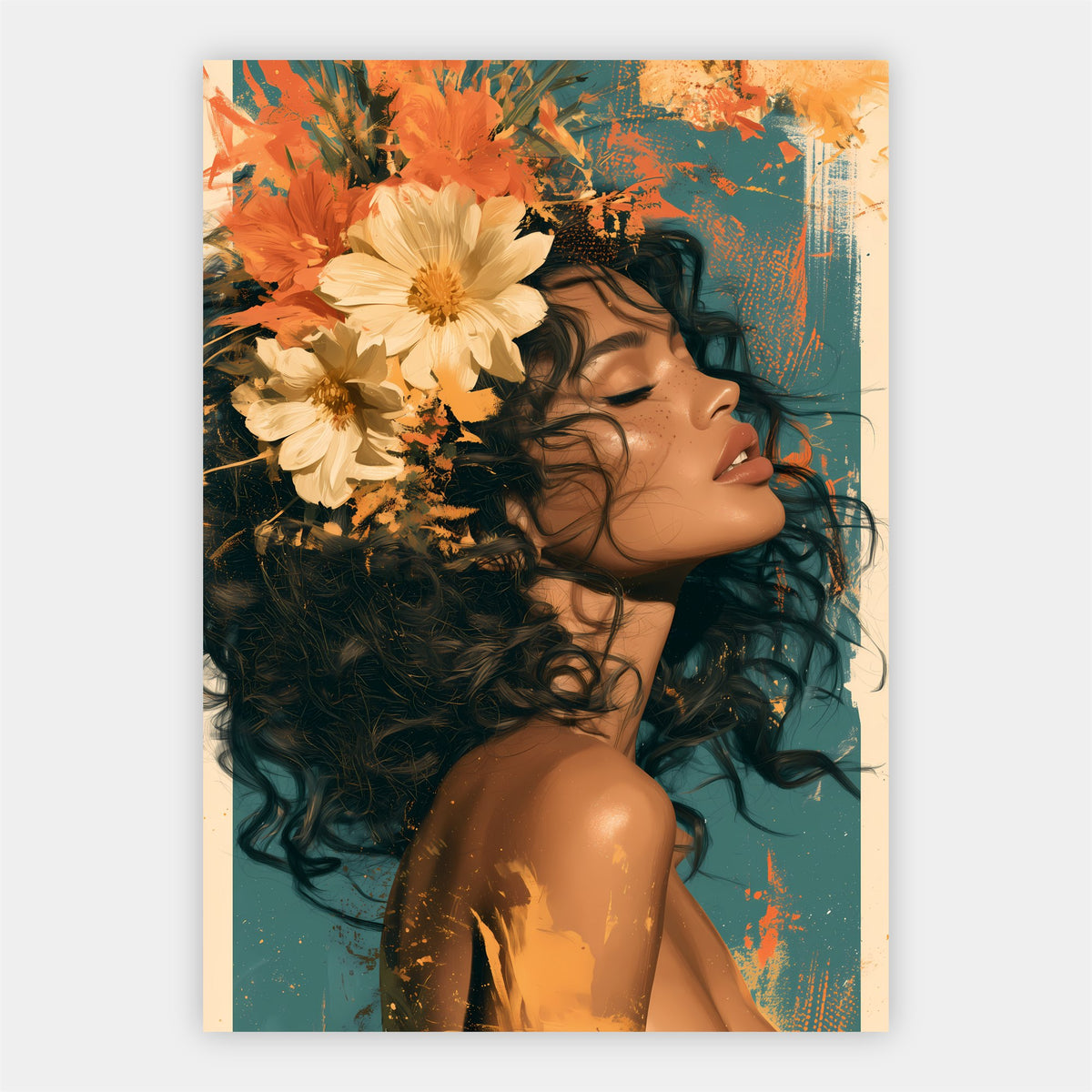 Frau mit Blumen im Haar Poster – Freisteller