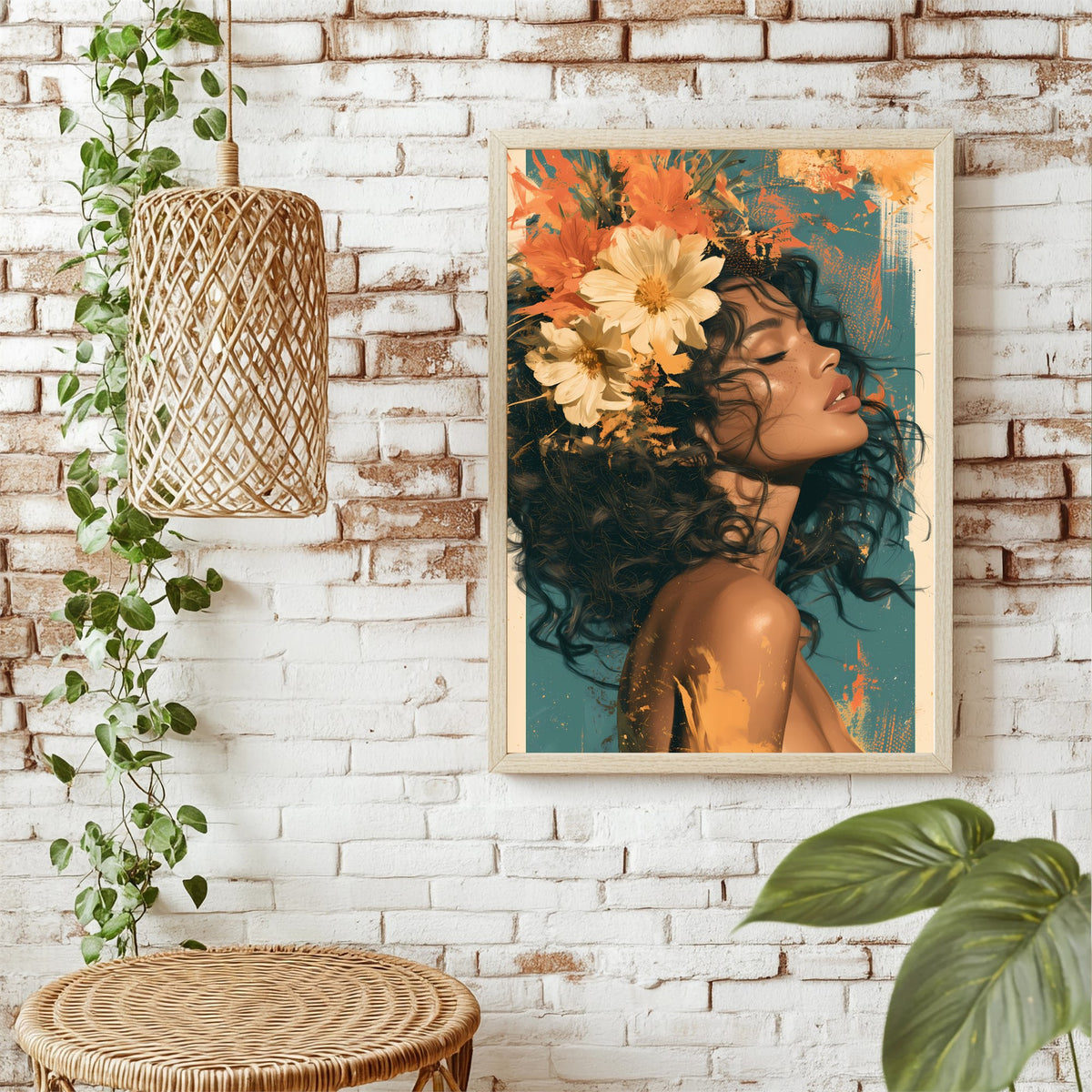 Frau mit Blumen im Haar Poster – Raumansicht 1