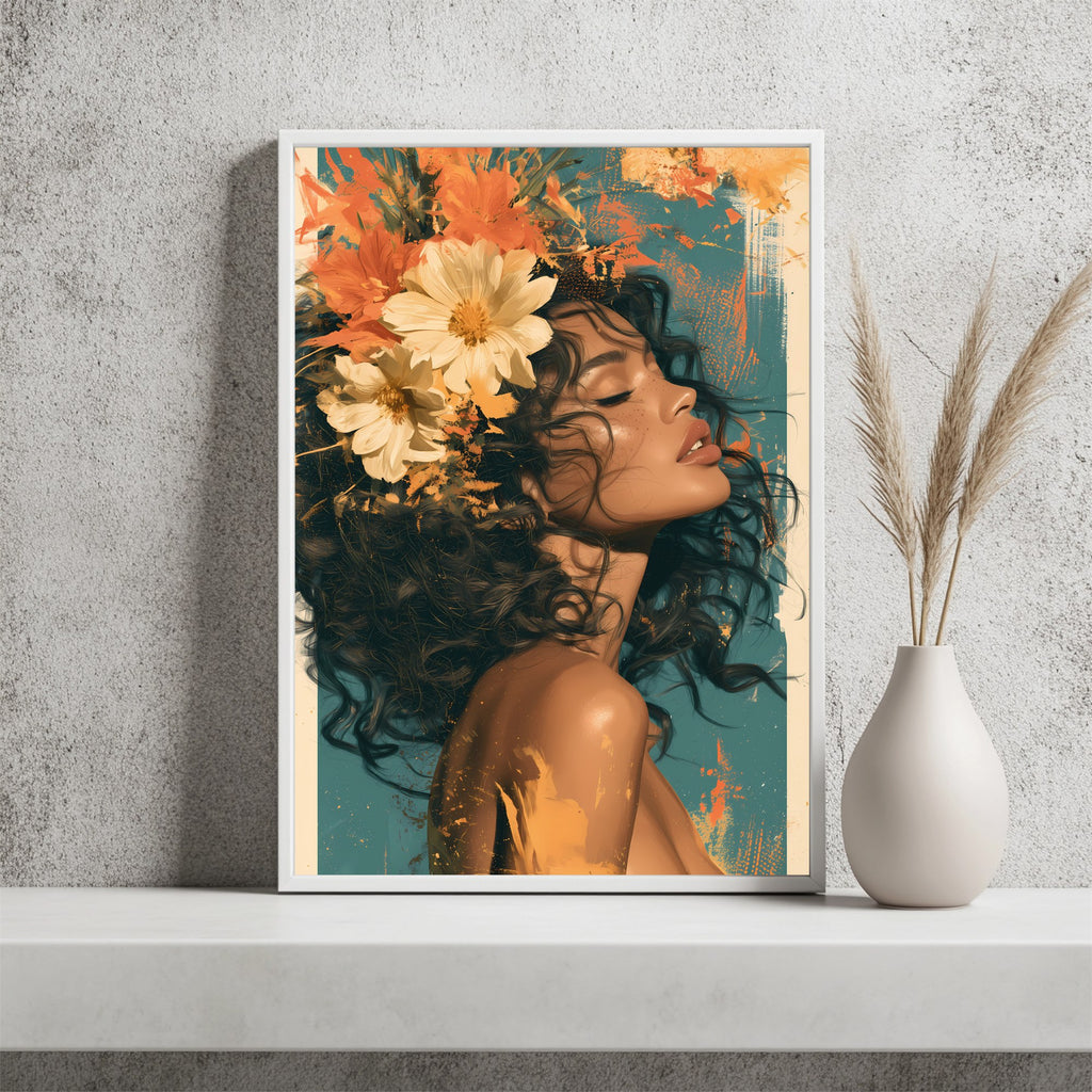 Frau mit Blumen im Haar Poster – Raumansicht 2