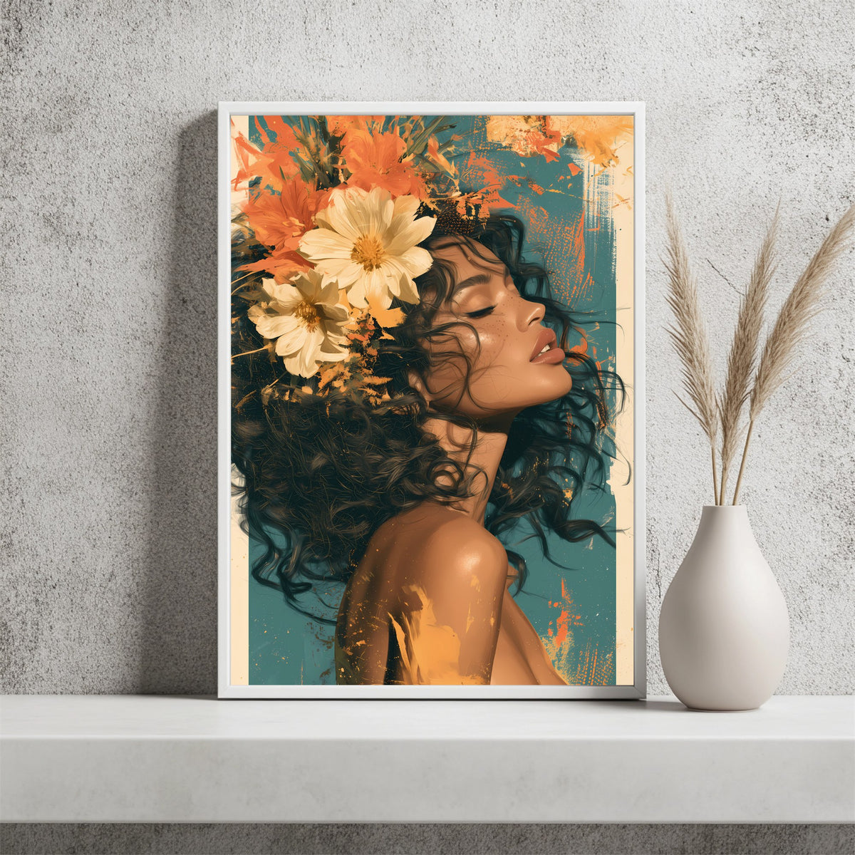 Frau mit Blumen im Haar Poster – Raumansicht 2