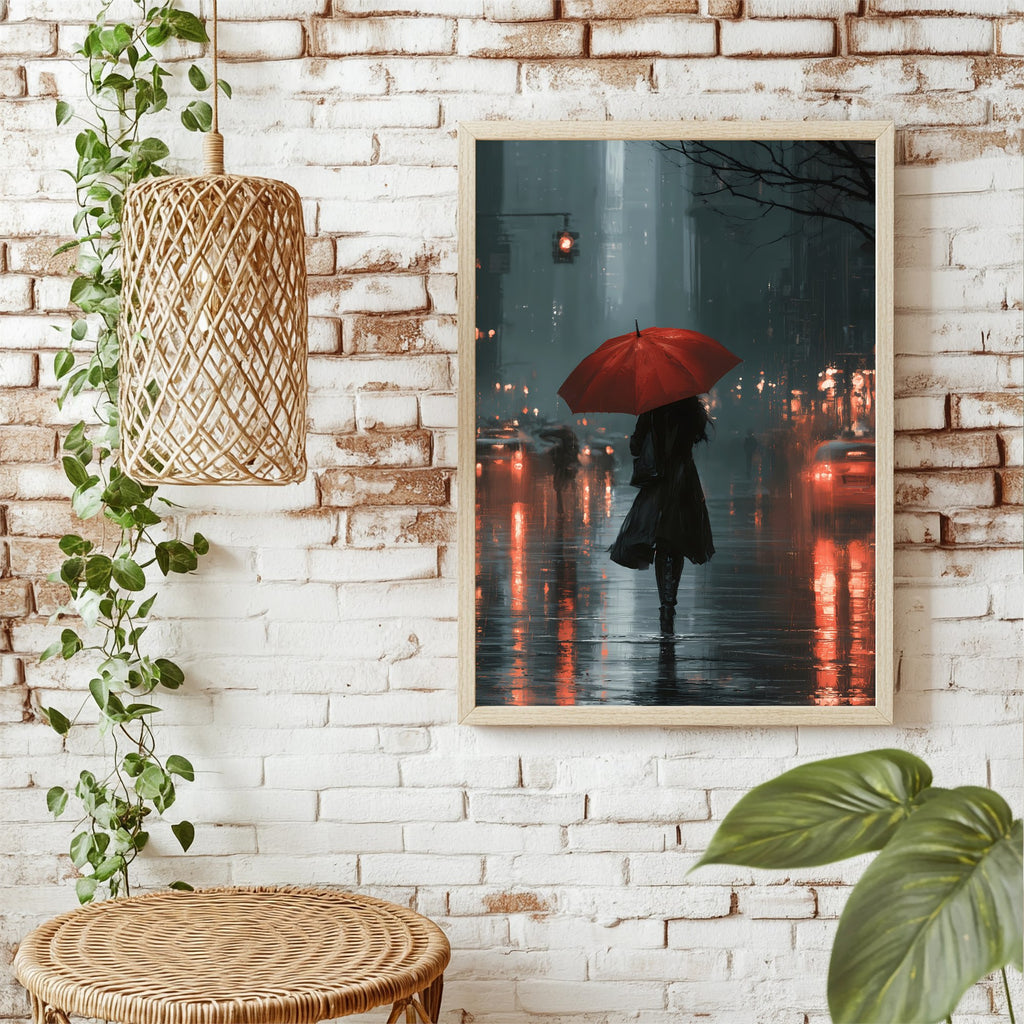 Frau mit rotem Regenschirm Poster – Raumansicht 1
