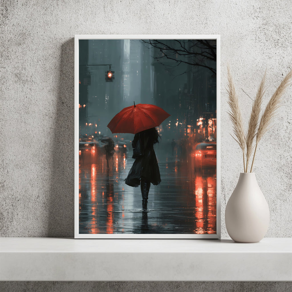 Frau mit rotem Regenschirm Poster – Raumansicht 2