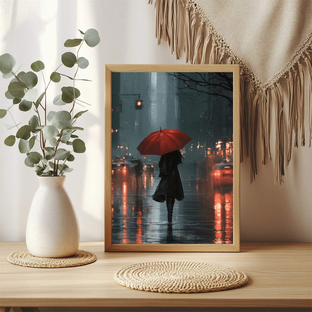 Frau mit rotem Regenschirm Poster – Raumansicht 3