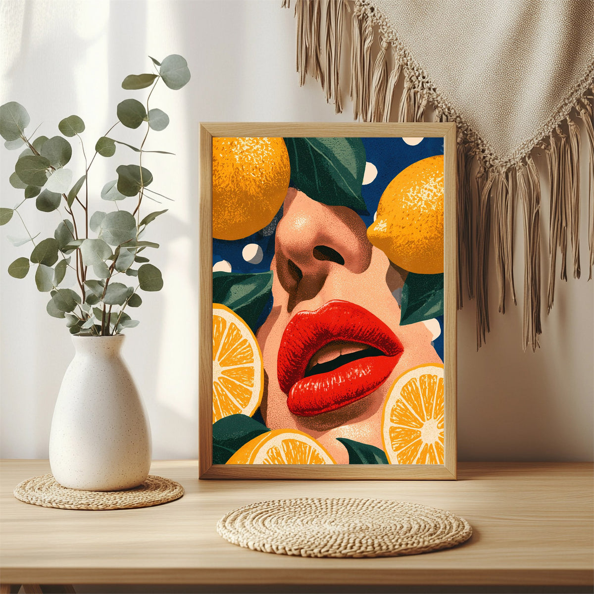 Rote Lippen und Zitronen Poster – Raumansicht 3