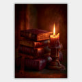 Kerze und alte Lederbücher Poster – Produktansicht 1