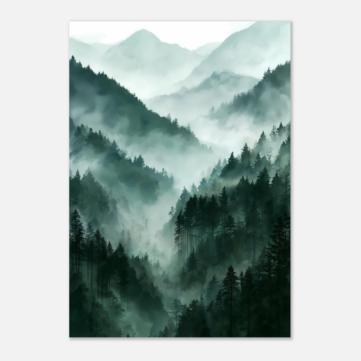 Nebelwald im Bergtal Poster – Produktansicht 3