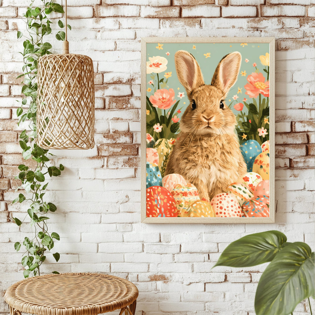 Osterhase mit bunten Eiern Poster – Raumansicht 1