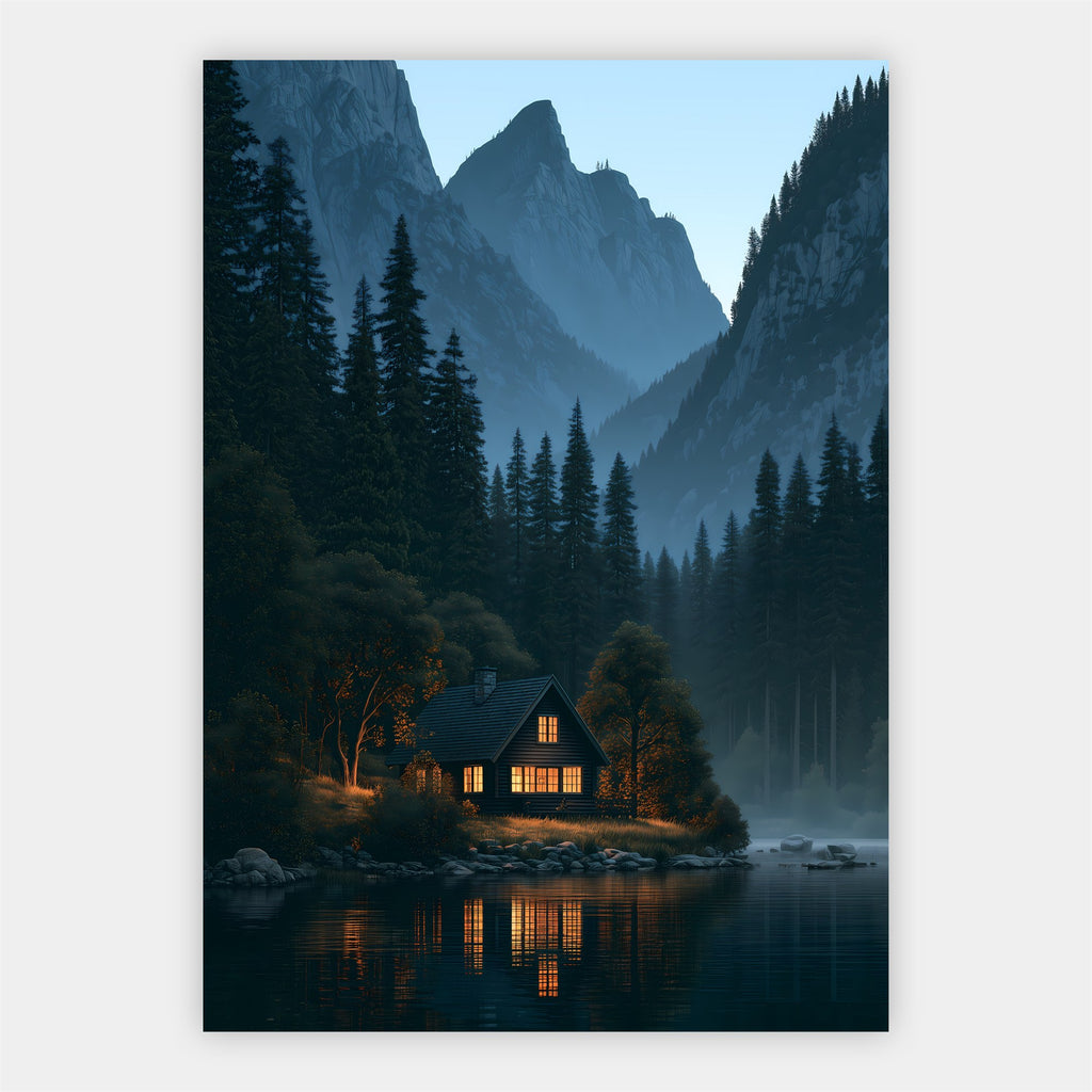Hütte am dunklen Bergsee Poster – Freisteller