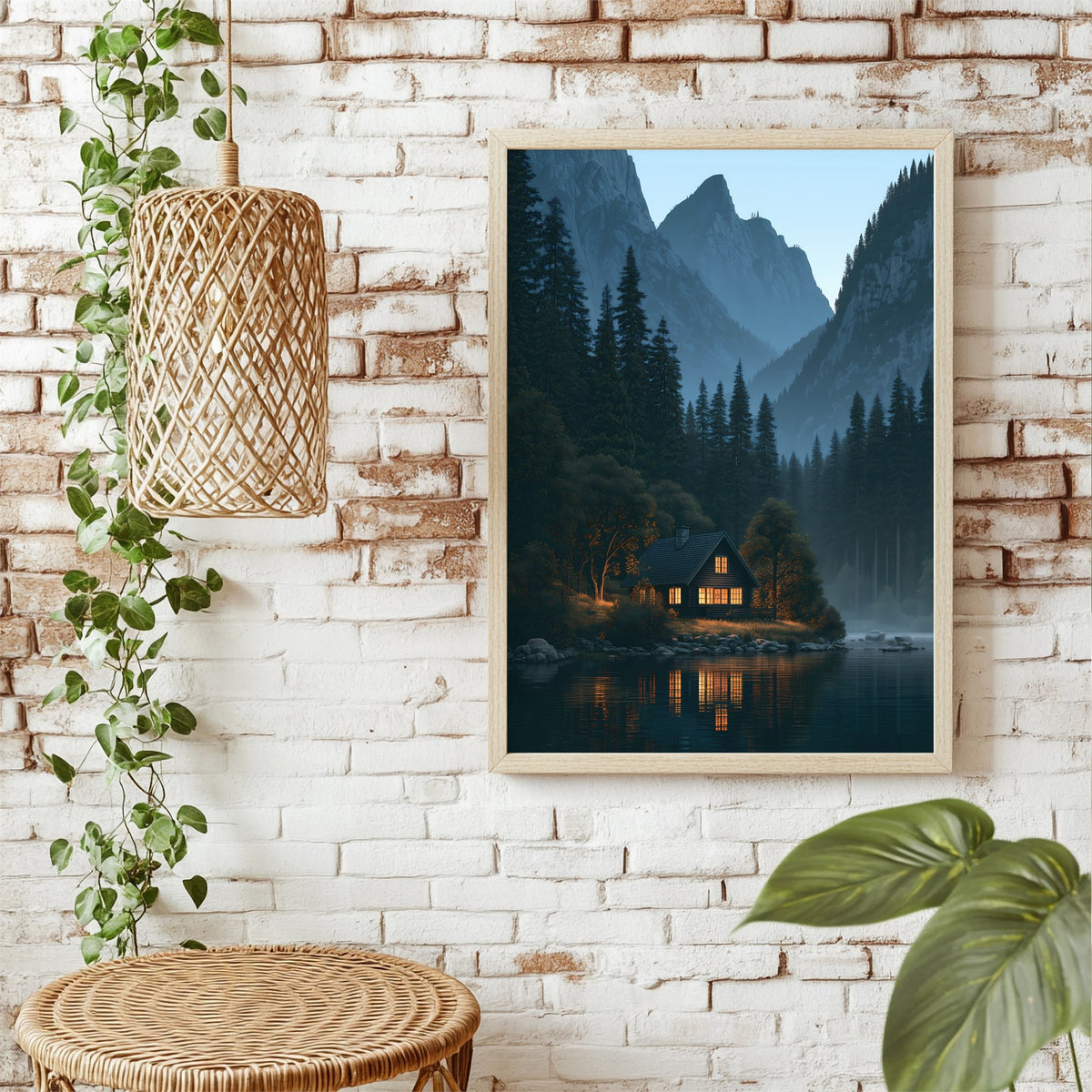 Hütte am dunklen Bergsee Poster – Raumansicht 1
