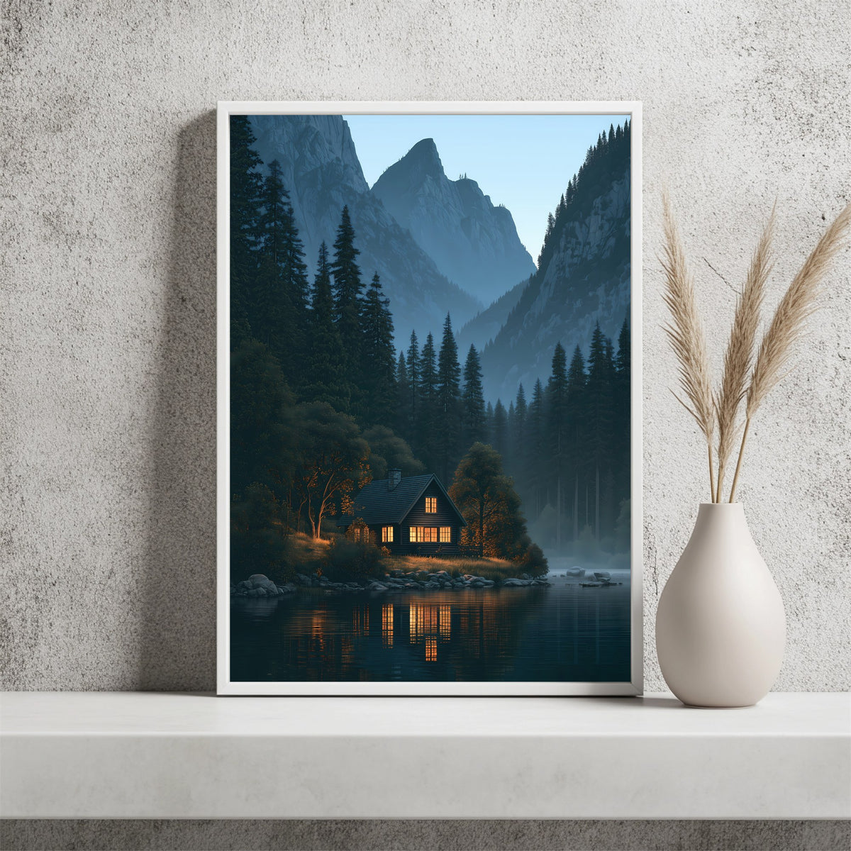 Hütte am dunklen Bergsee Poster – Raumansicht 2