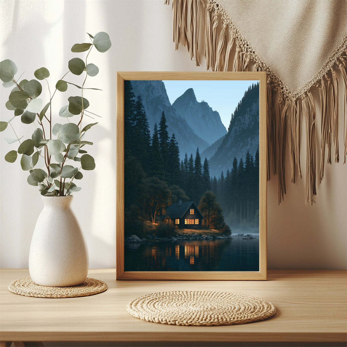 Hütte am dunklen Bergsee Poster – Raumansicht 3