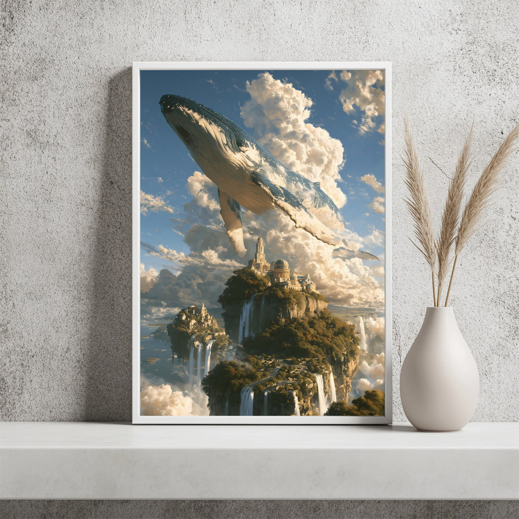 Wal über der Wolkenstadt Poster – Raumansicht 2