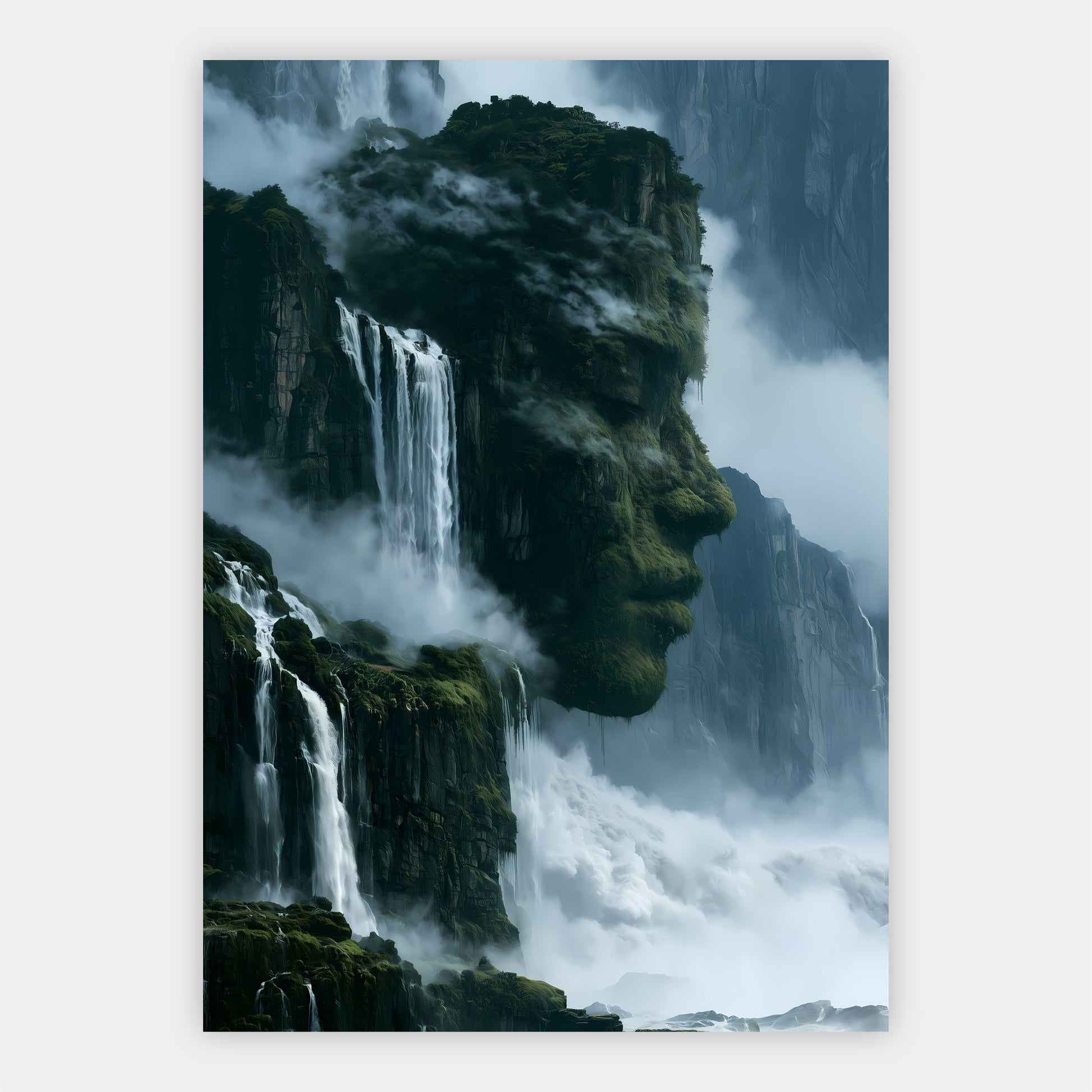 Wasserfallgesicht im Felsen Poster – Freisteller