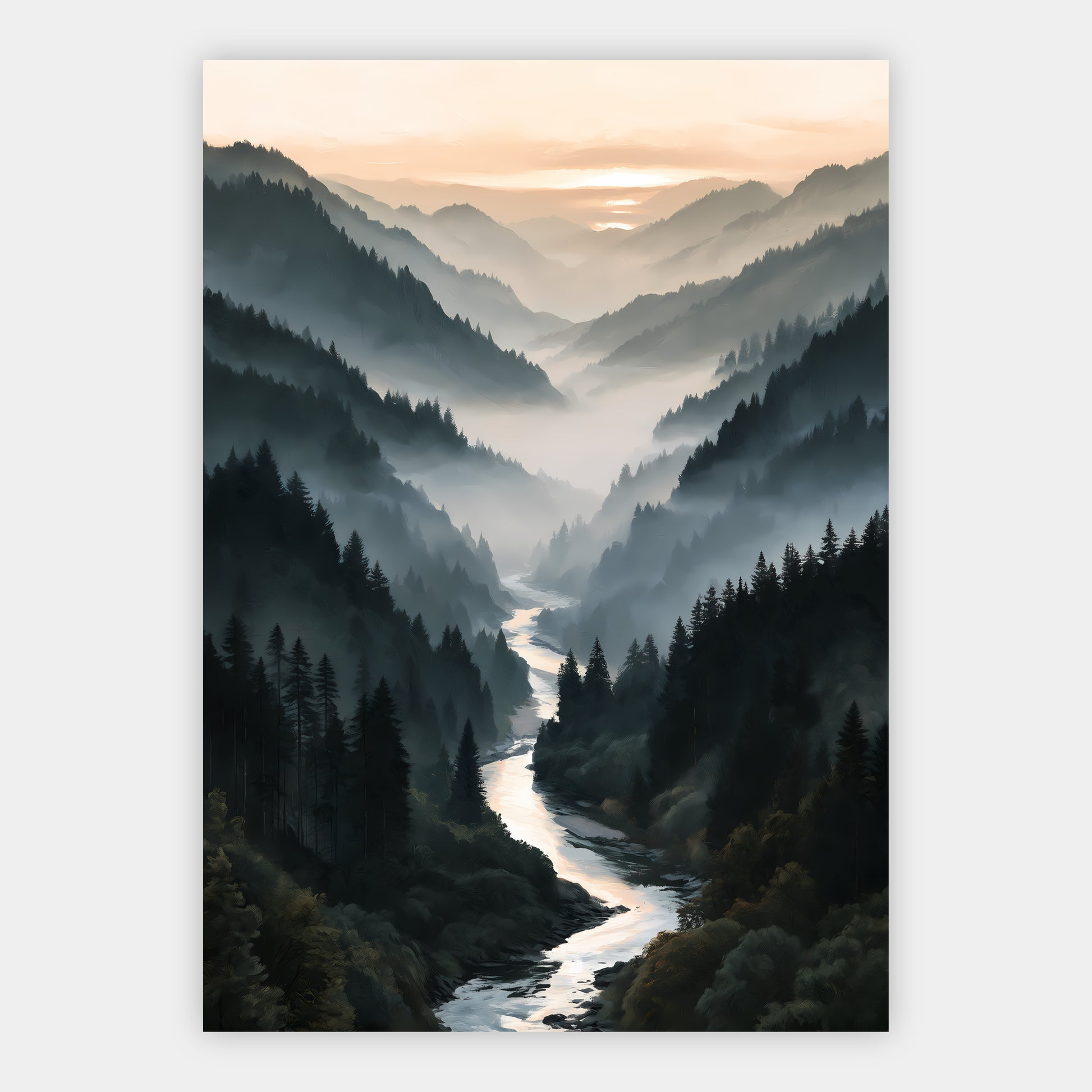 Nebelwald-Tal mit Fluss Poster – Freisteller