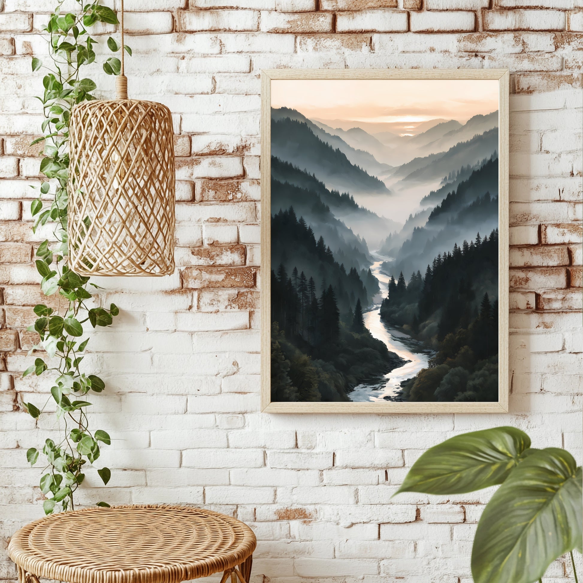 Nebelwald-Tal mit Fluss Poster – Raumansicht 1