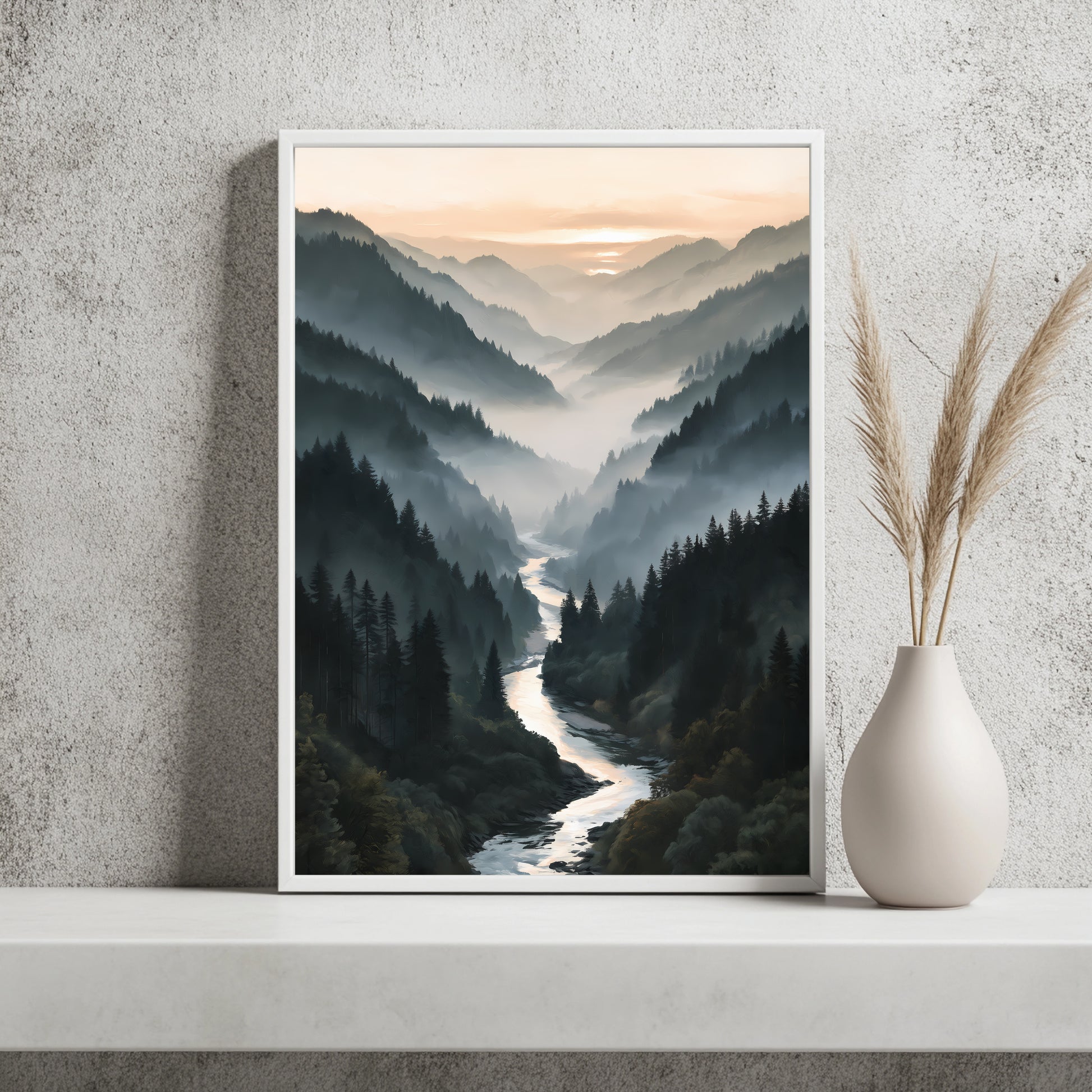 Nebelwald-Tal mit Fluss Poster – Raumansicht 2