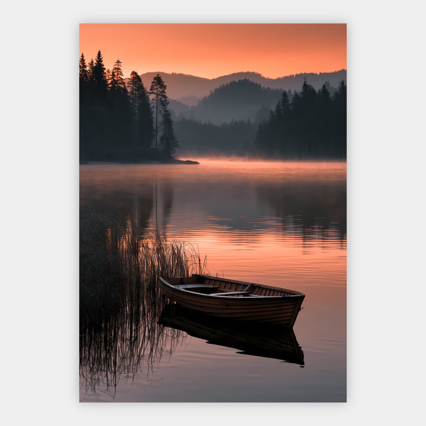 Nebelsee mit Ruderboot Poster – Freisteller