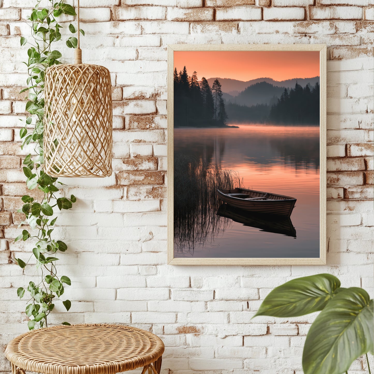 Nebelsee mit Ruderboot Poster – Raumansicht 1