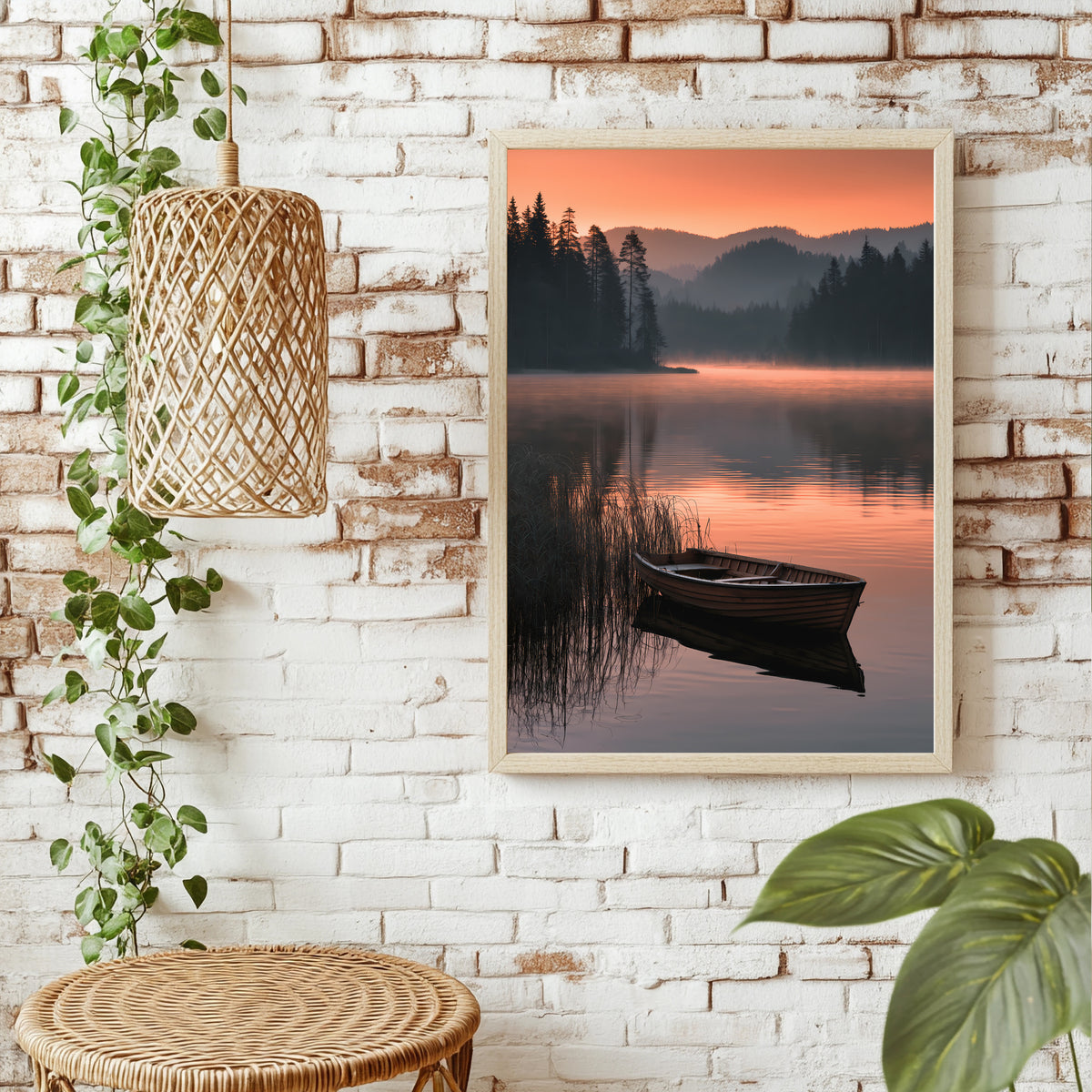 Nebelsee mit Ruderboot Poster – Raumansicht 1