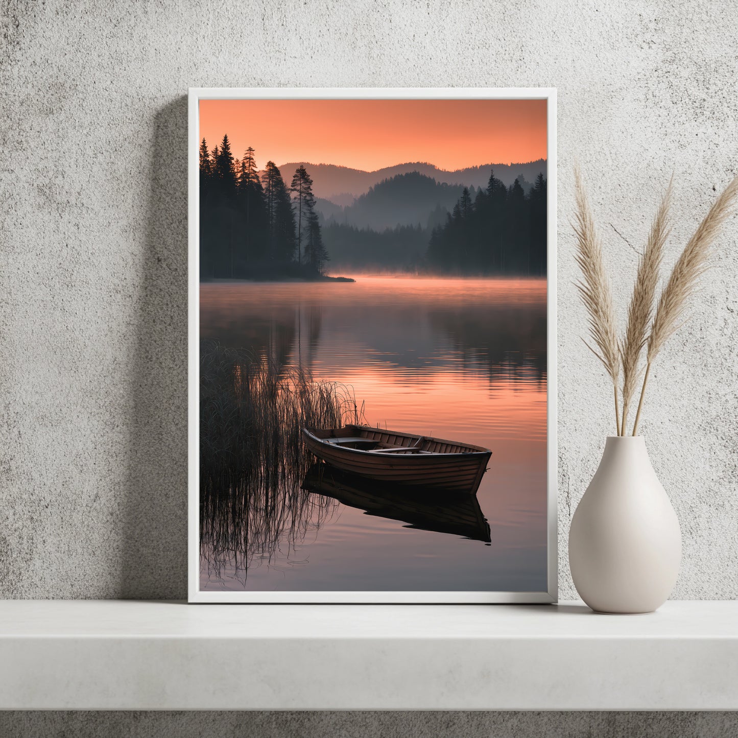 Nebelsee mit Ruderboot Poster – Raumansicht 2