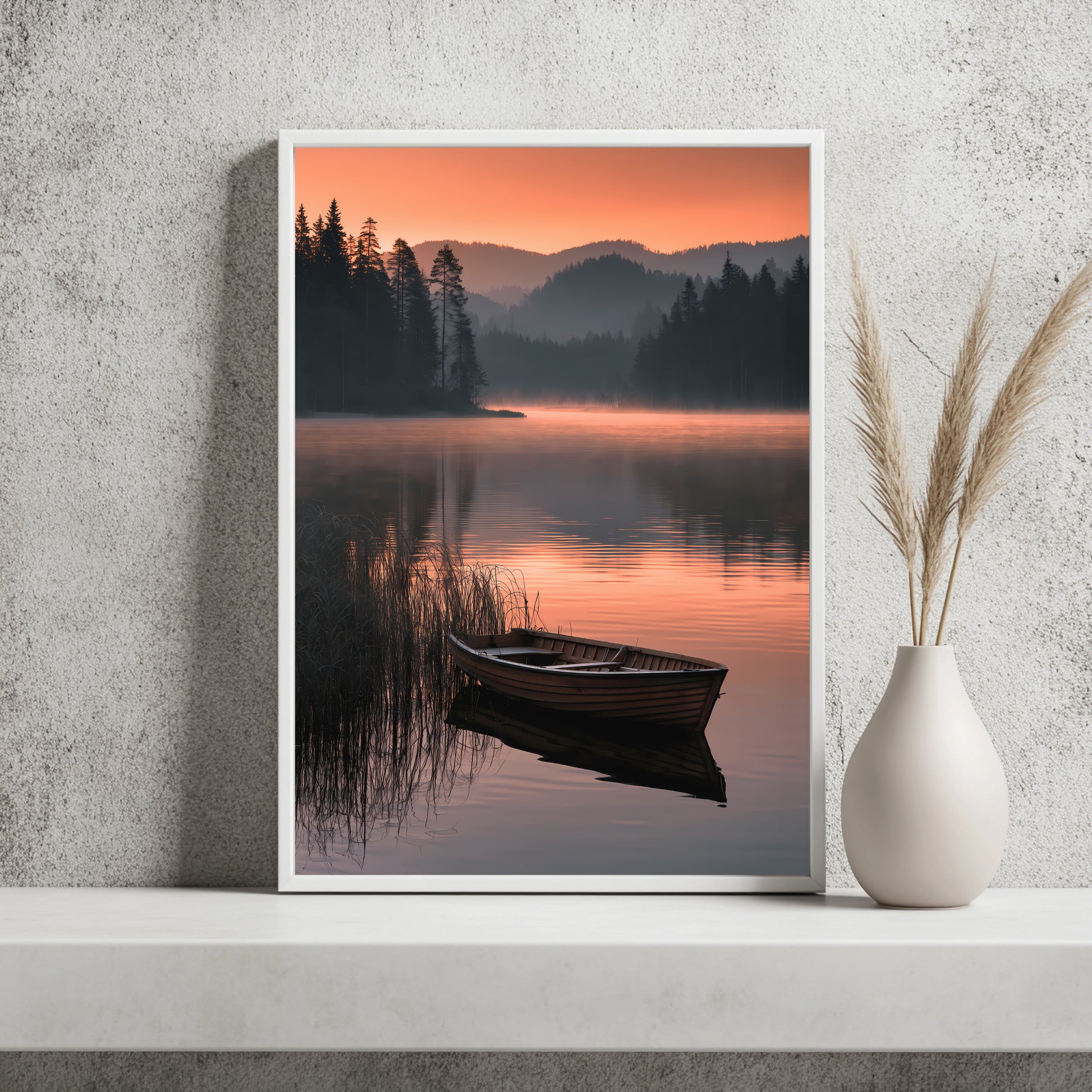 Nebelsee mit Ruderboot Poster – Raumansicht 2