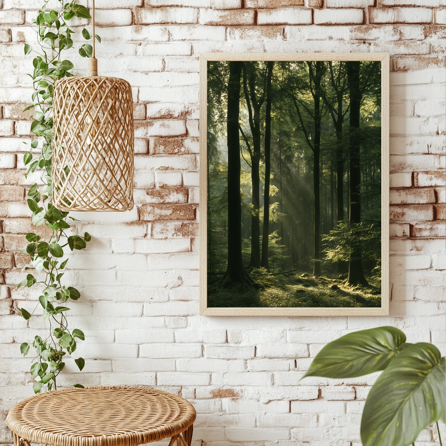 Buchenwald mit Lichtstrahlen Poster – Raumansicht 1