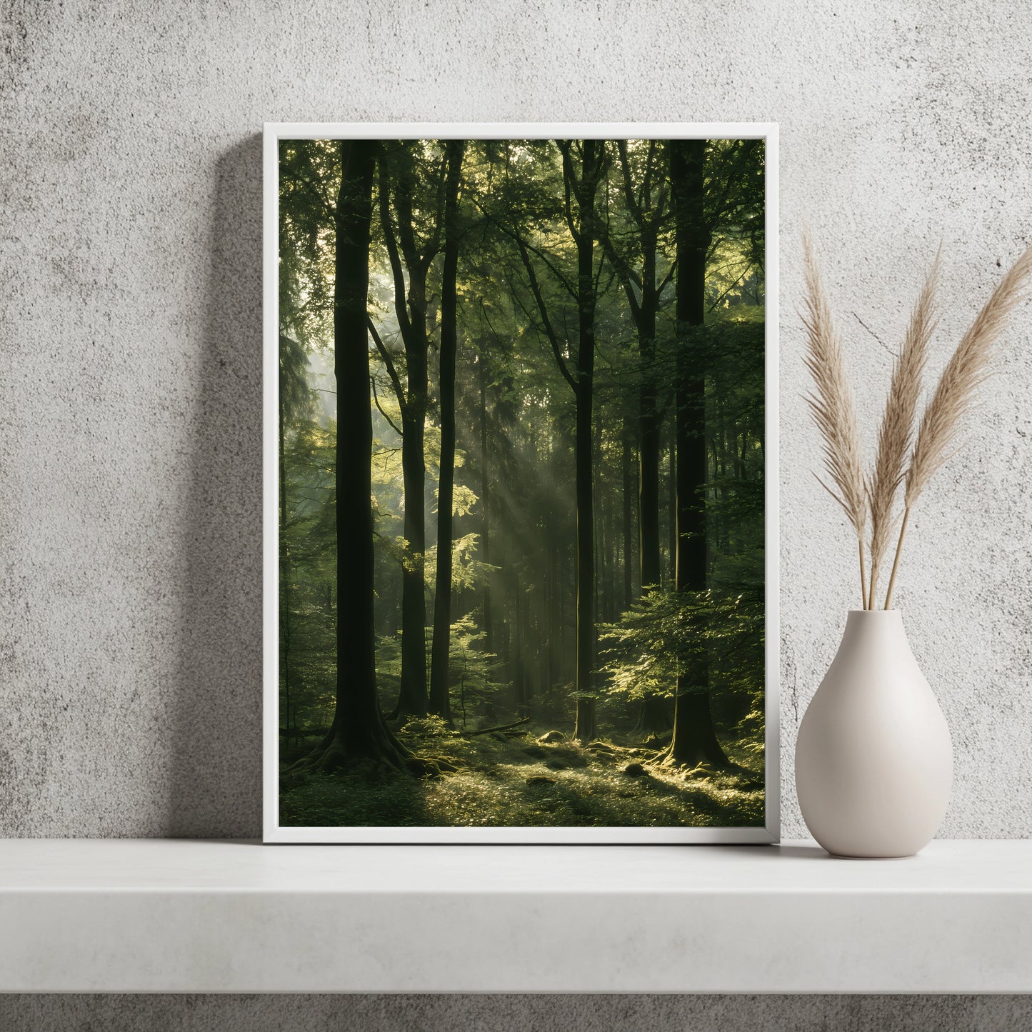 Buchenwald mit Lichtstrahlen Poster – Raumansicht 2