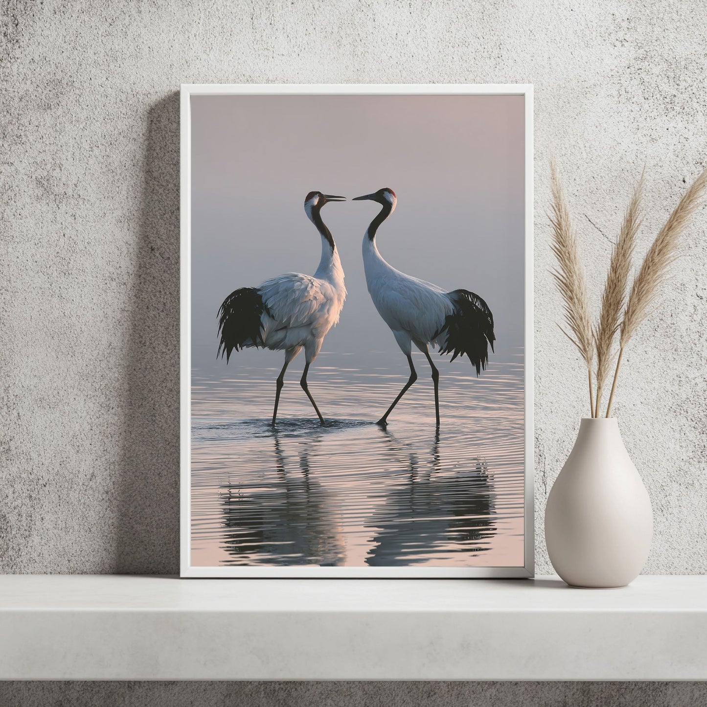 Kraniche im Morgennebel Poster – Raumansicht 2