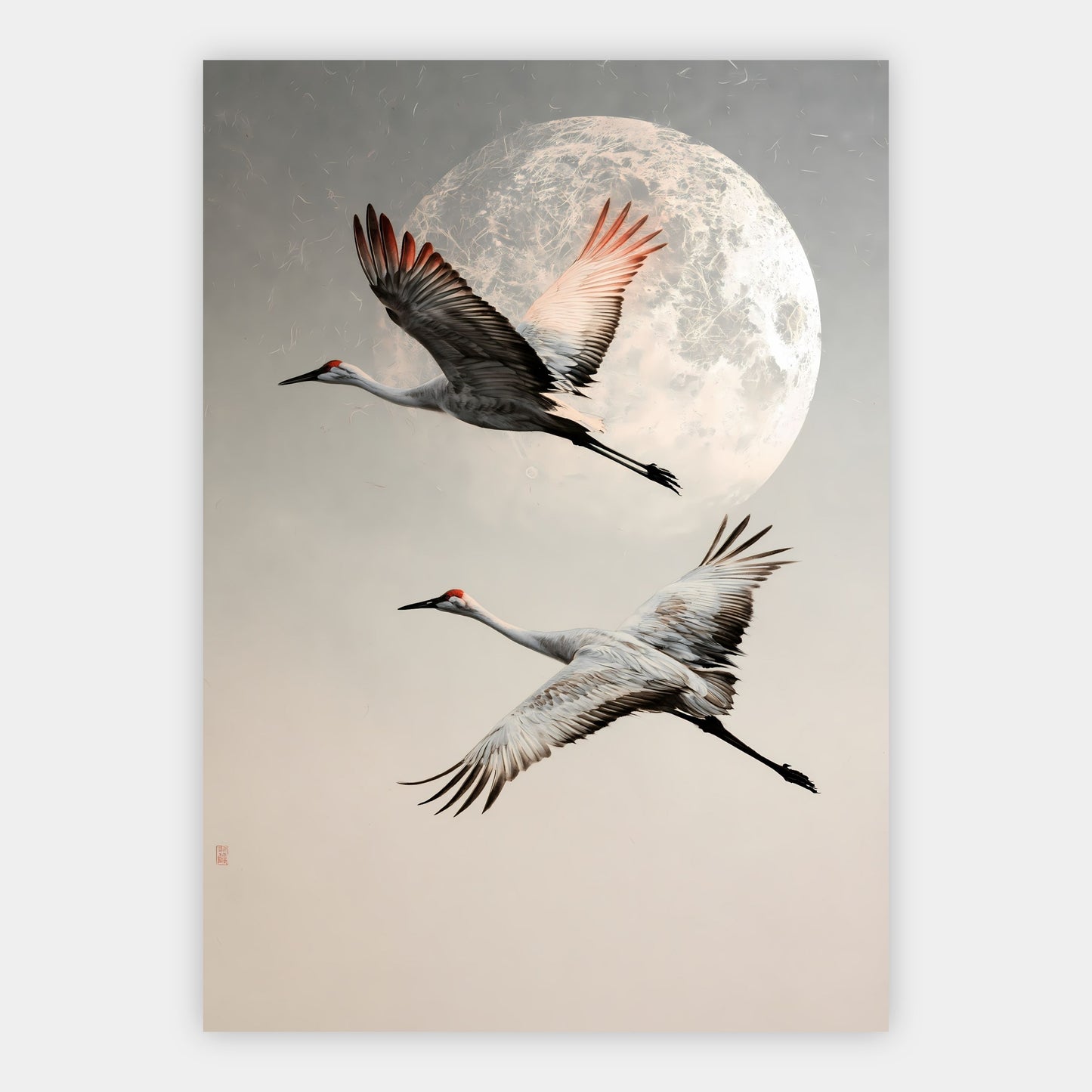 Kraniche vor silbernem Mond Poster – Freisteller