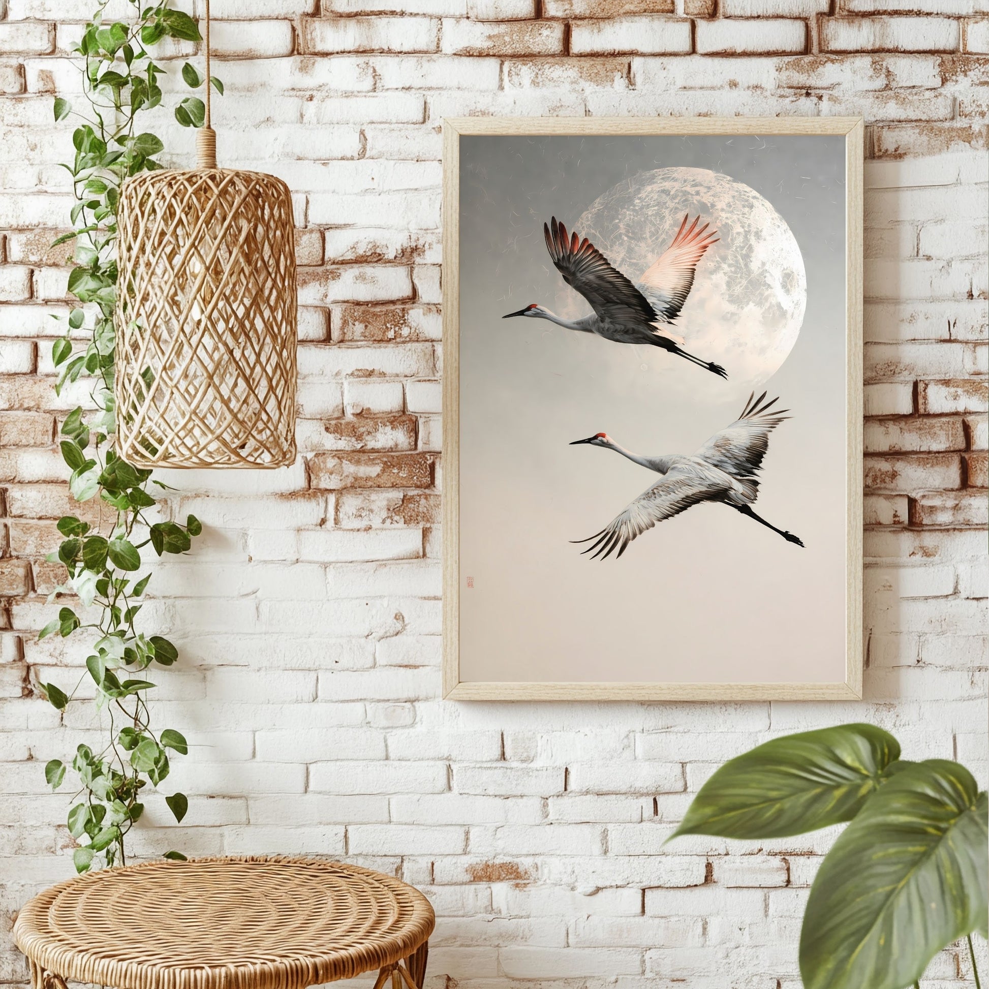 Kraniche vor silbernem Mond Poster – Raumansicht 1