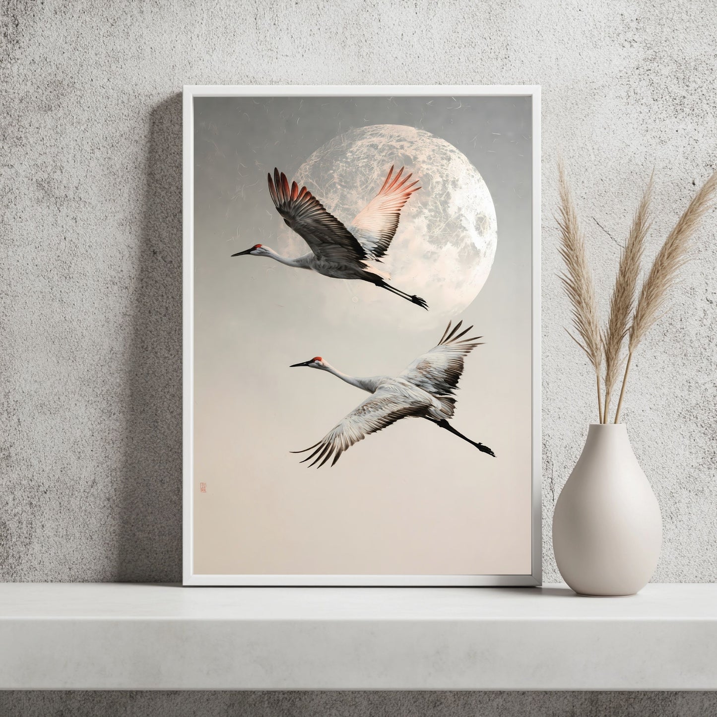 Kraniche vor silbernem Mond Poster – Raumansicht 2