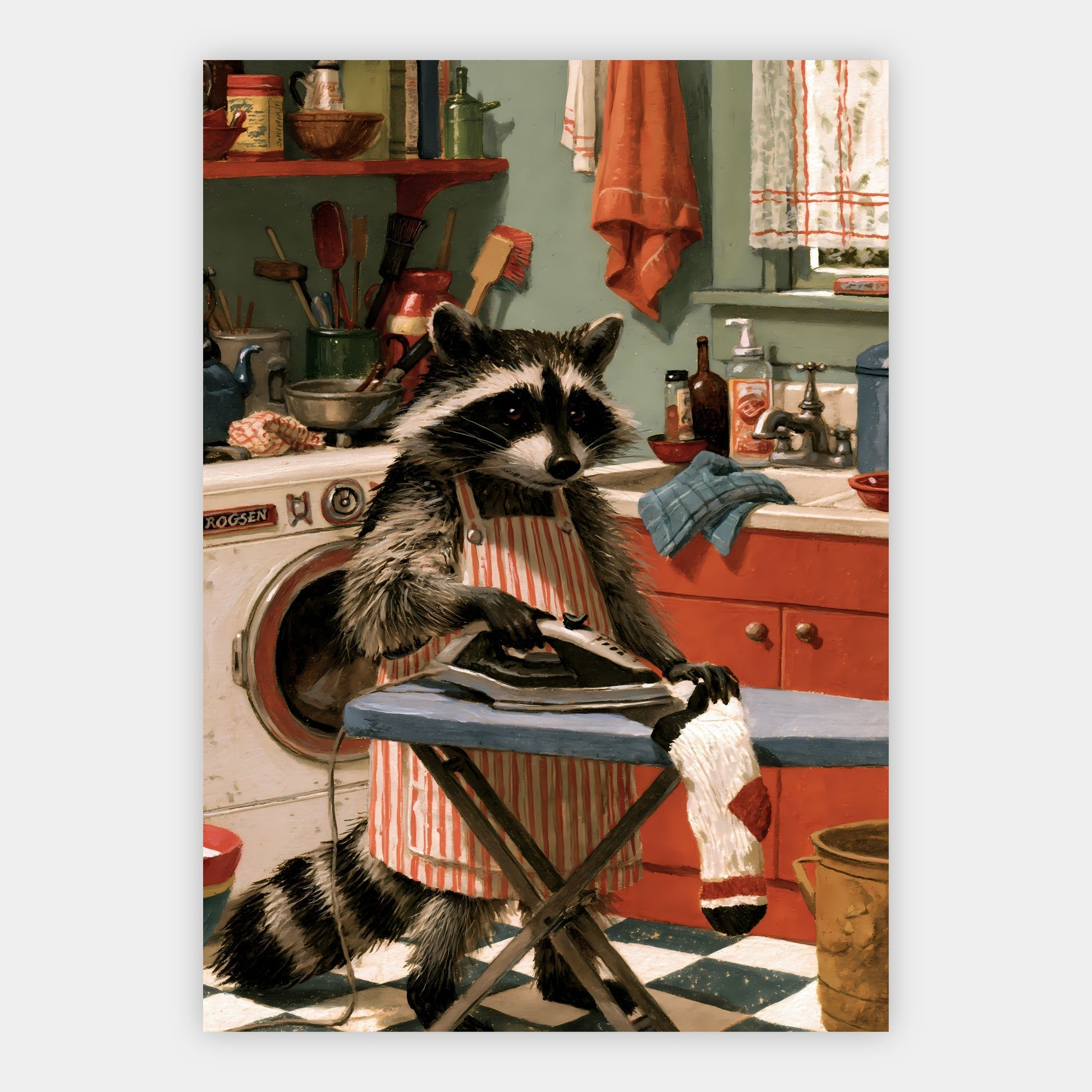 Waschbär bügelt Socken Poster – Freisteller