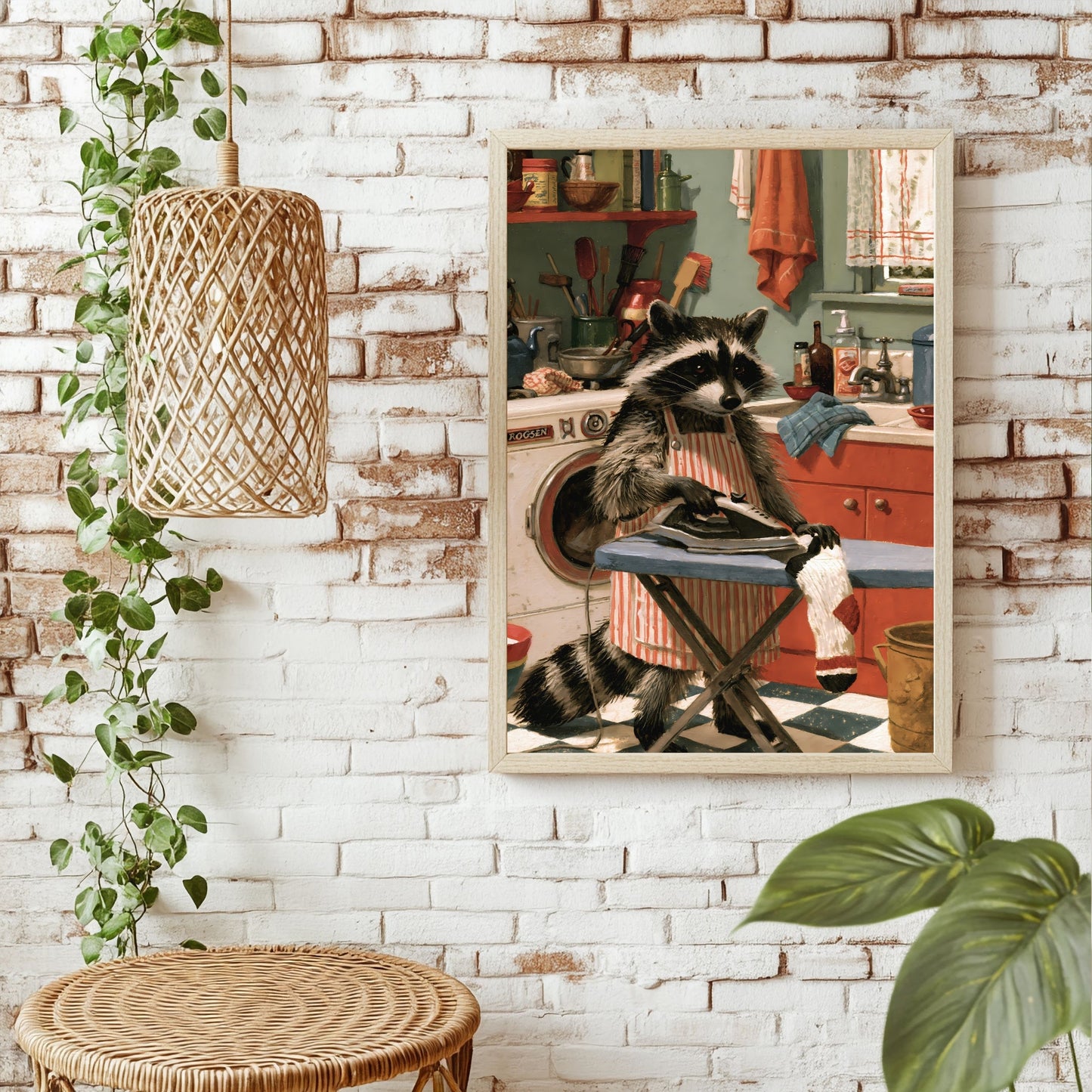 Waschbär bügelt Socken Poster – Raumansicht 1