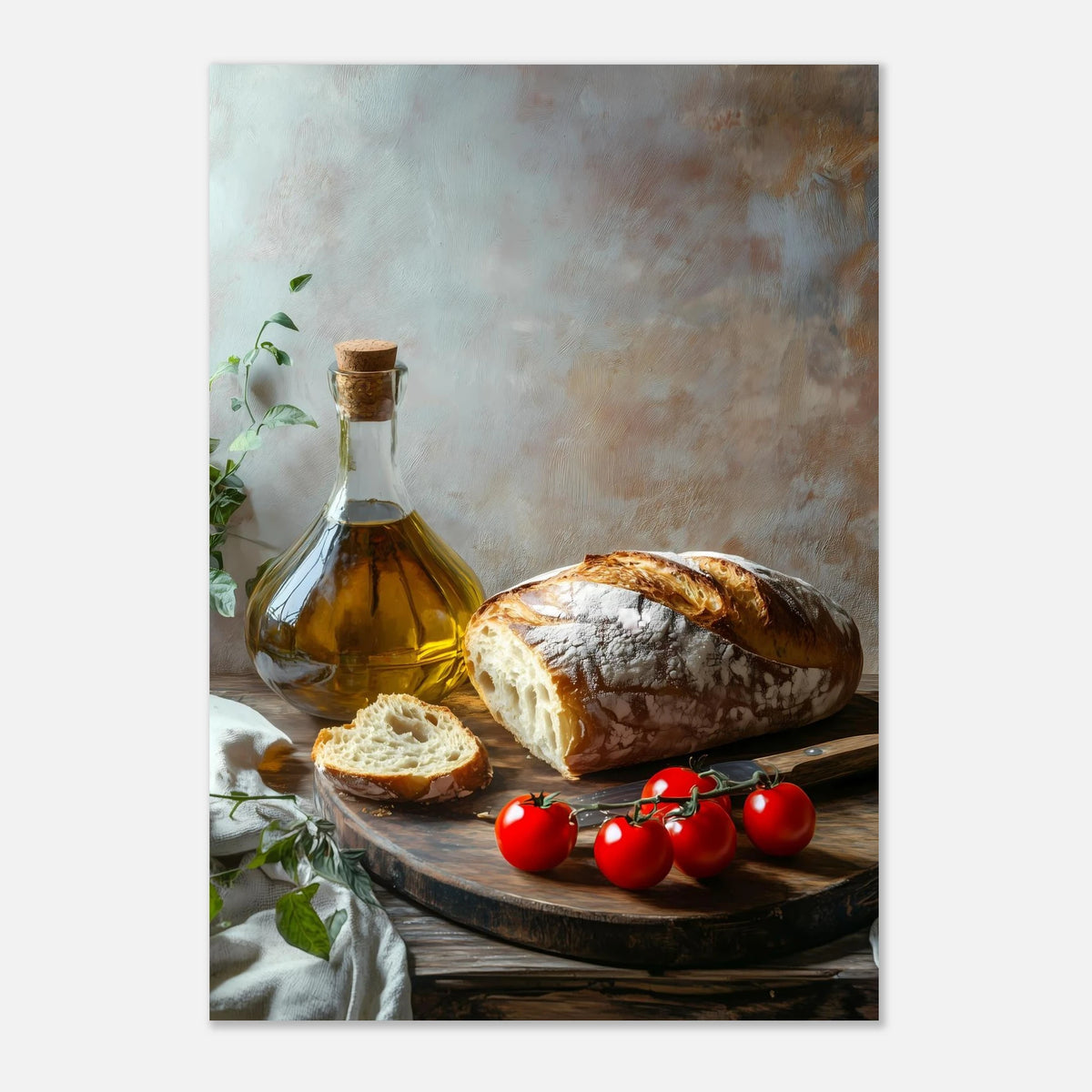 Brot Olivenöl Tomaten Stillleben Poster – Produktansicht 2